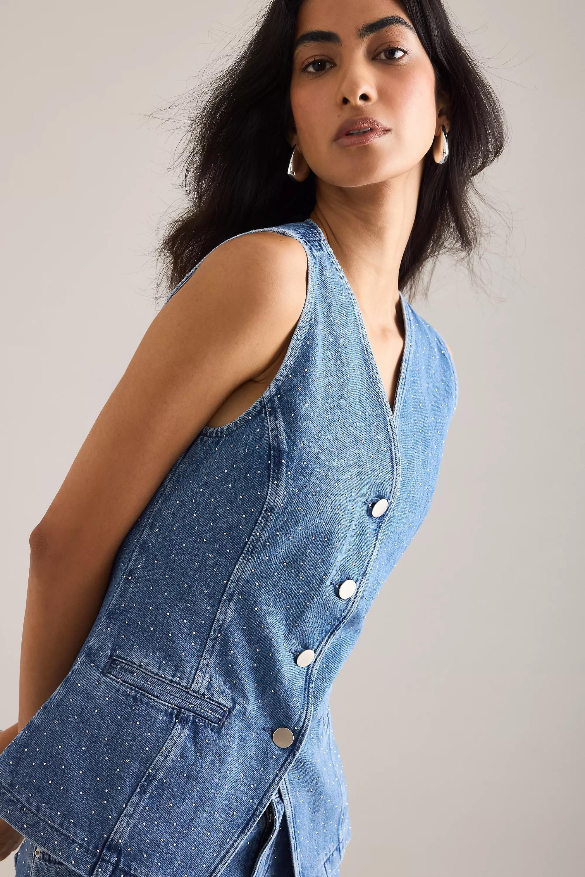 By Anthropologie Sparkle Denim Waistcoat, Blue, A501_0093, large image number 4