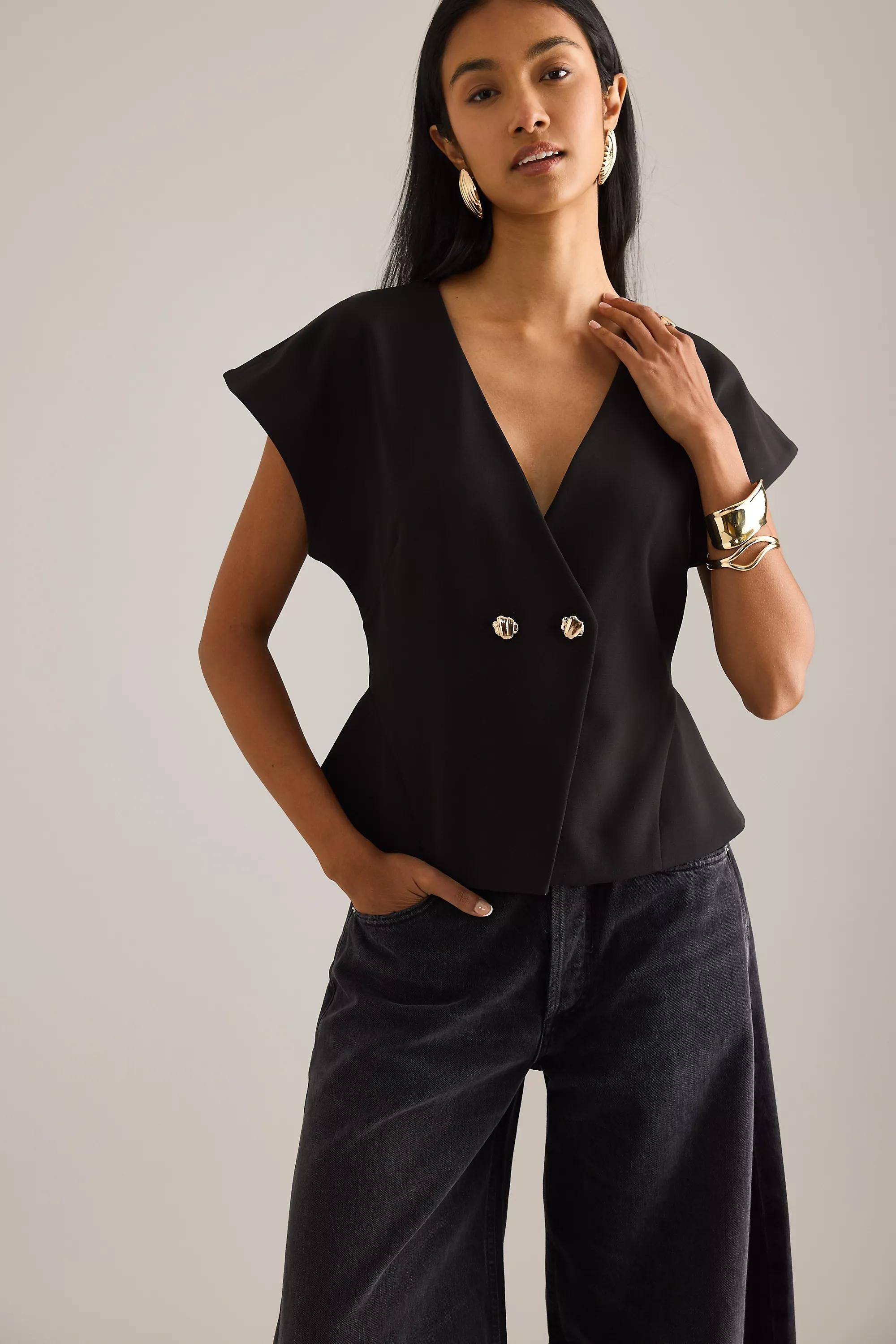 By Anthropologie V-Neck Short-Sleeve Waistcoat, Black, A501_0001, large image number 0