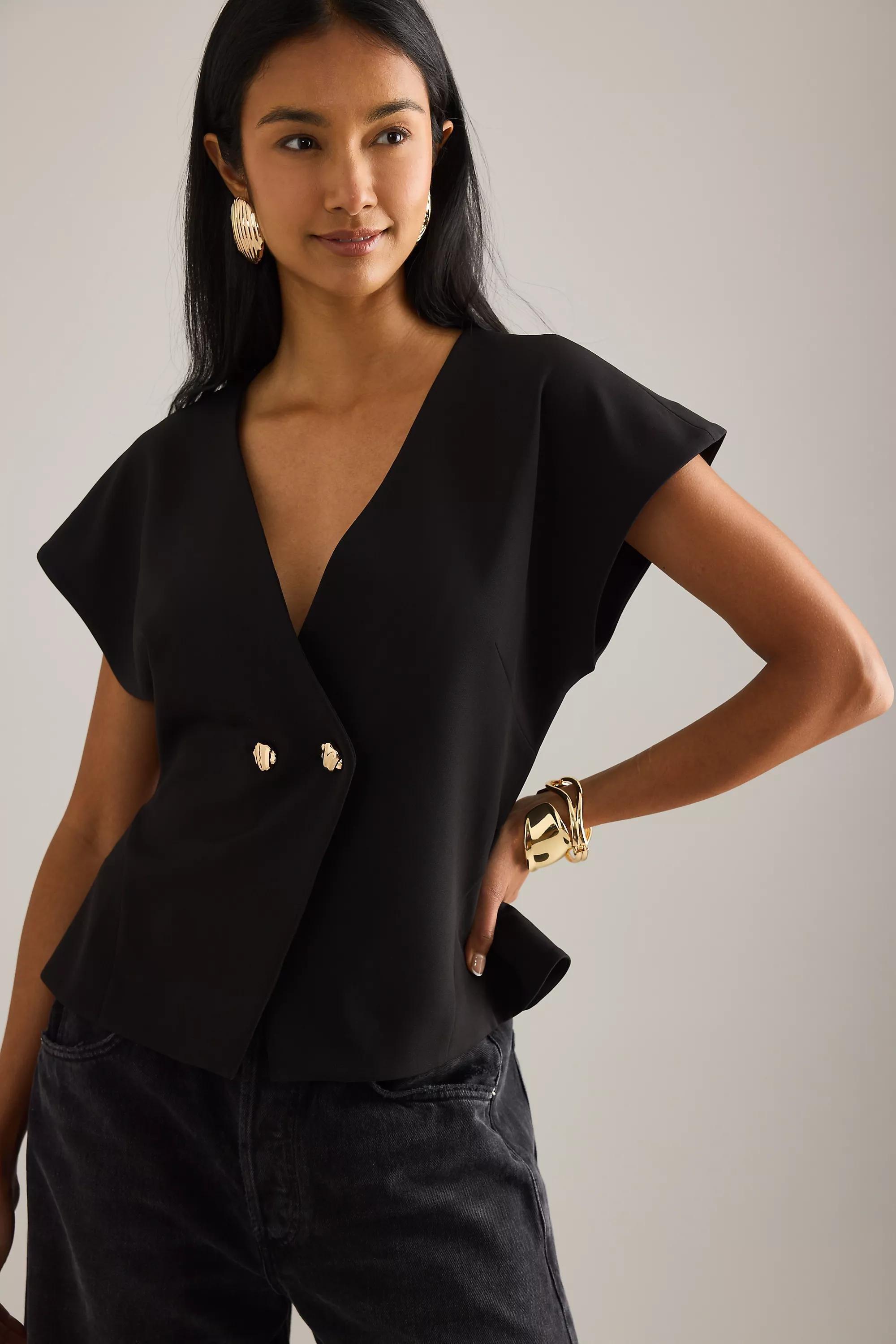 By Anthropologie V-Neck Short-Sleeve Waistcoat, Black, A501_0001, large image number 2