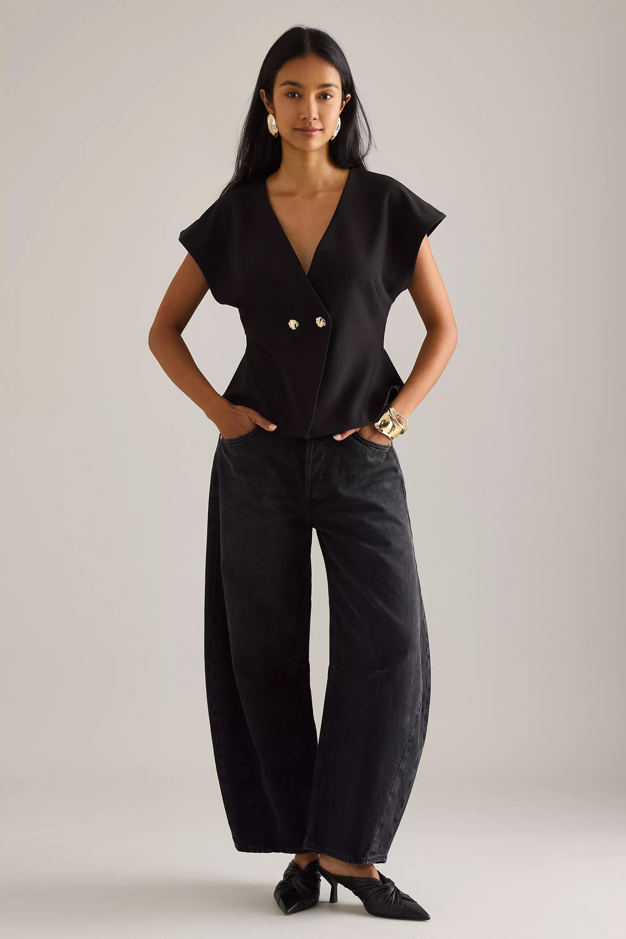 By Anthropologie V-Neck Short-Sleeve Waistcoat, Black, A501_0001, large image number 3