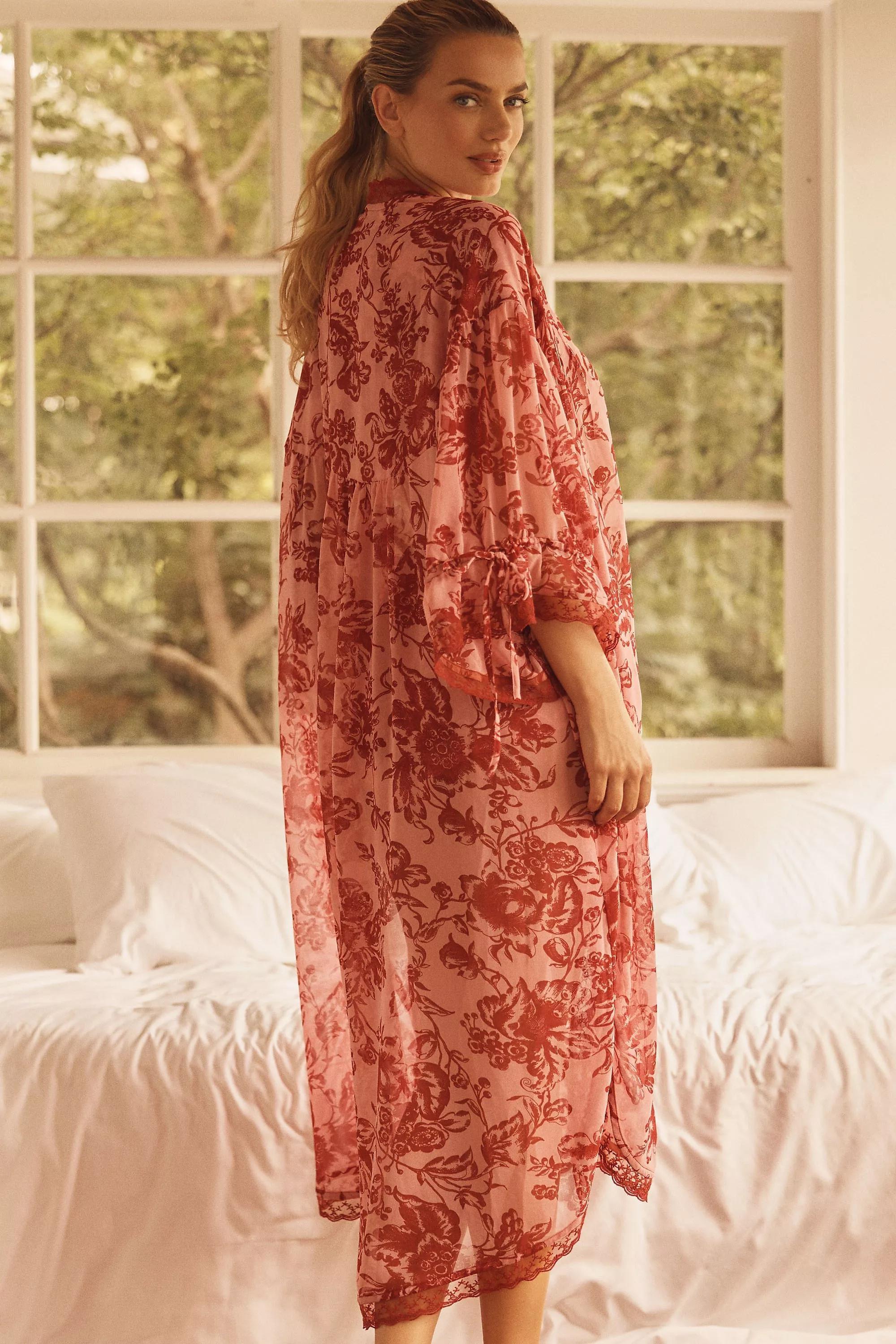 Lyrebird Embroidered Lace-Trim Kimono, Pink, A501_0066, large image number 1