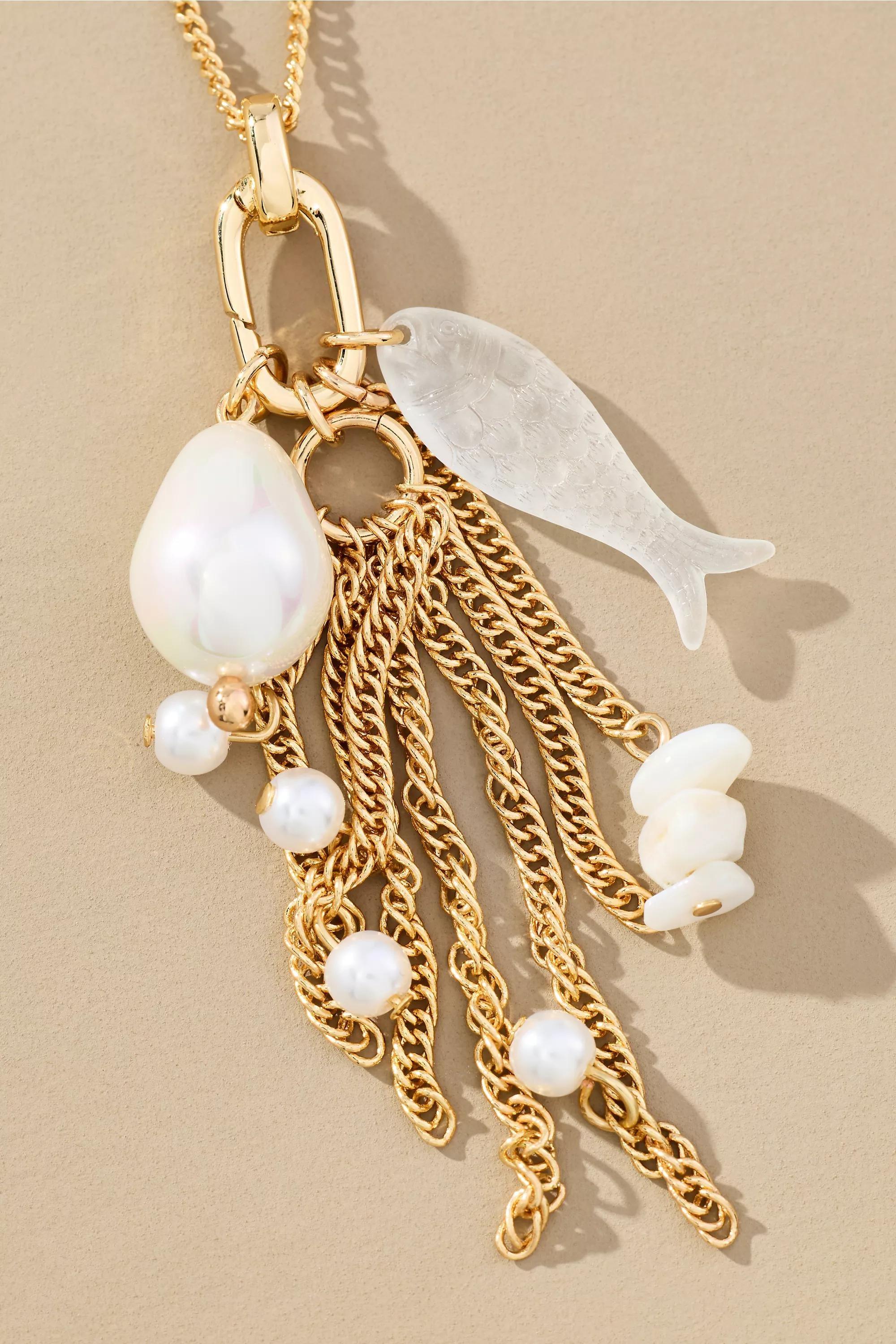 Gold-Plated Pearl Tassel Drop Necklace, Gold, Gold, large image number 1