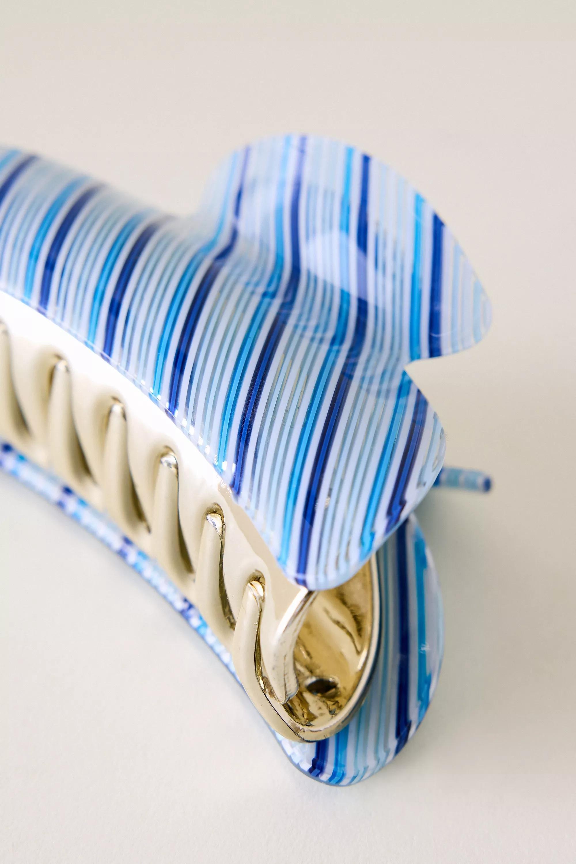 Stripe Resin Hair Claw Clip, Blue, A501_0546, large image number 1