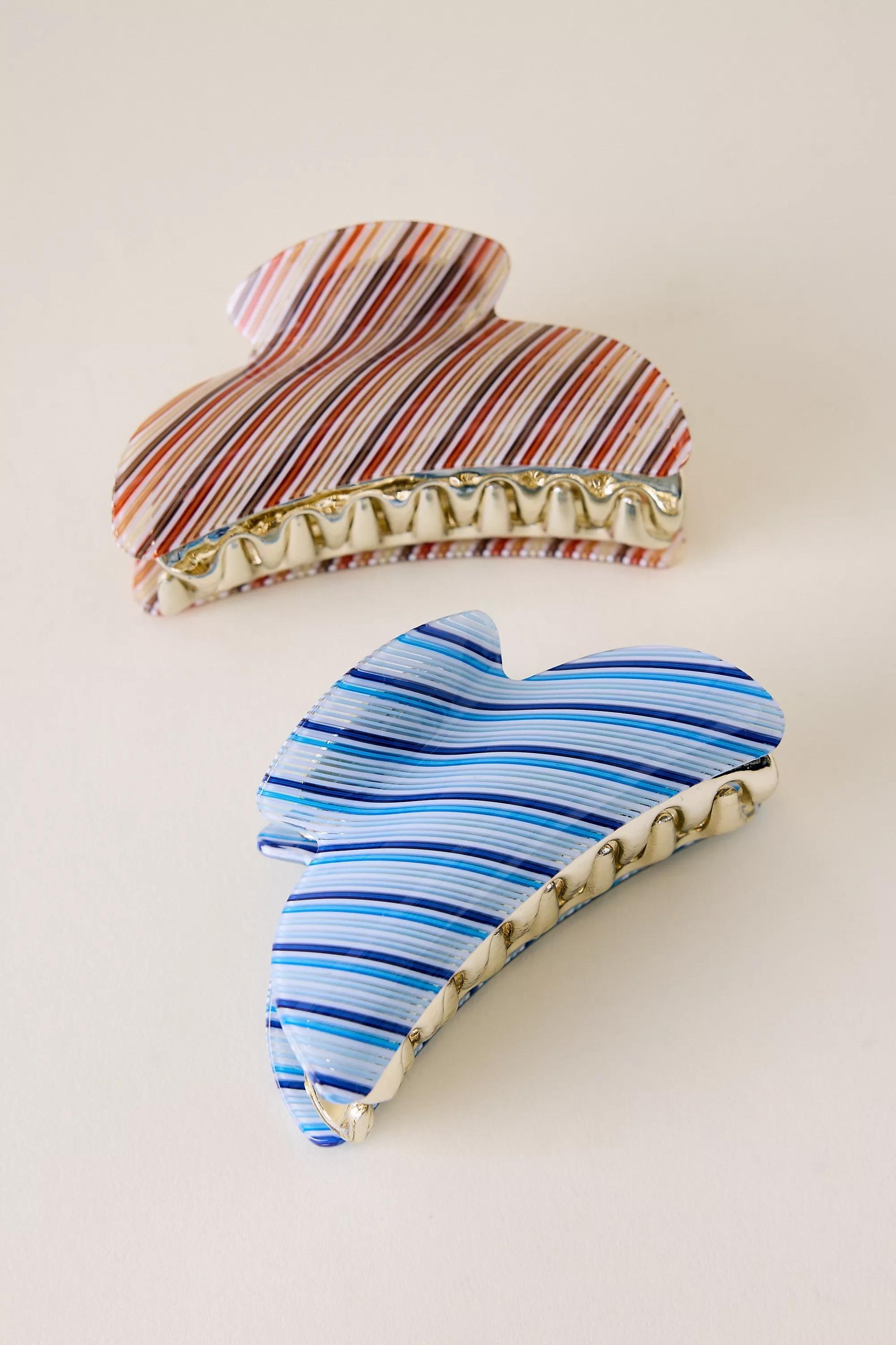 Stripe Resin Hair Claw Clip, Blue, A501_0546, large image number 2