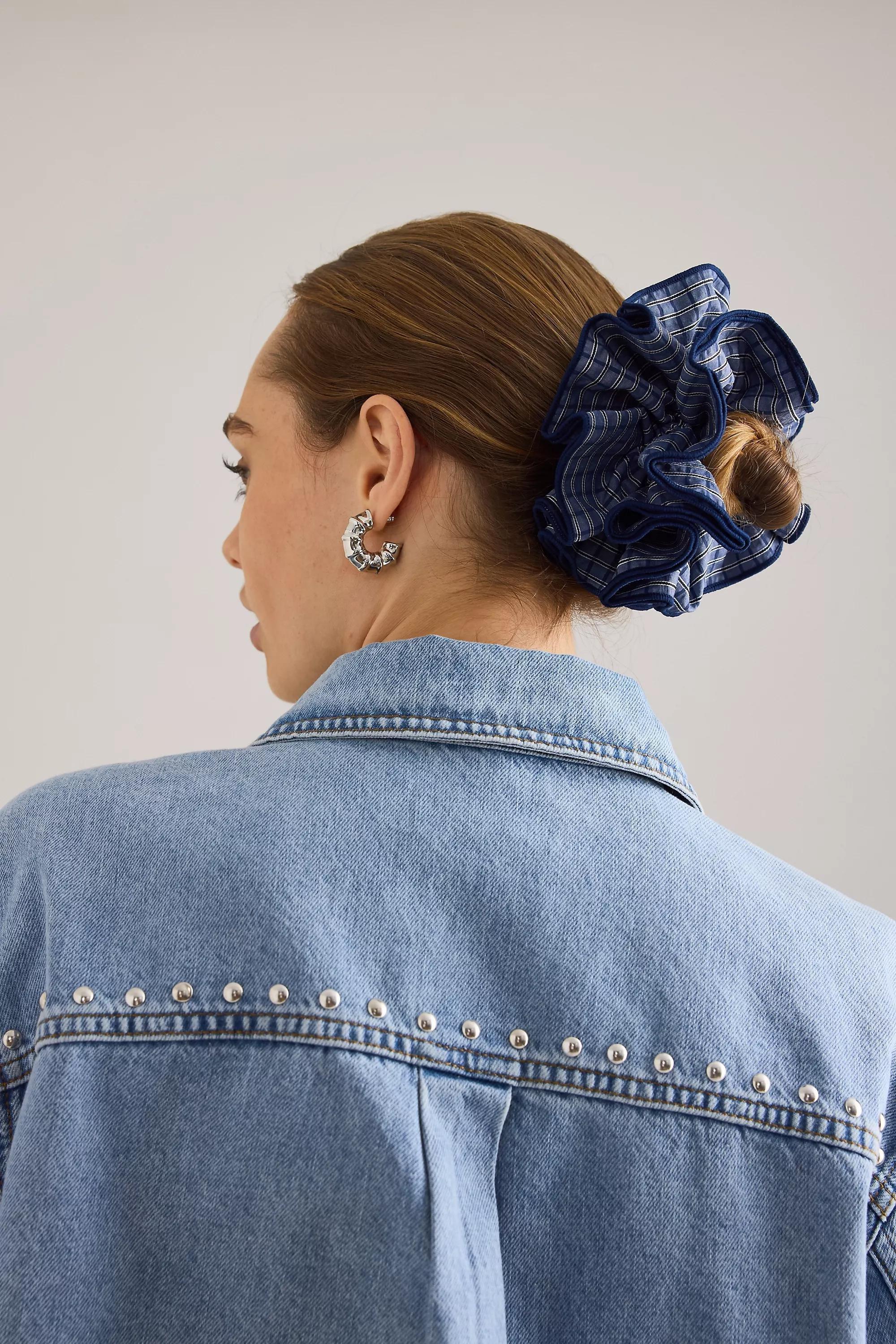 Navy Checked Hair Scrunchie, Blue, A501_0049, medium