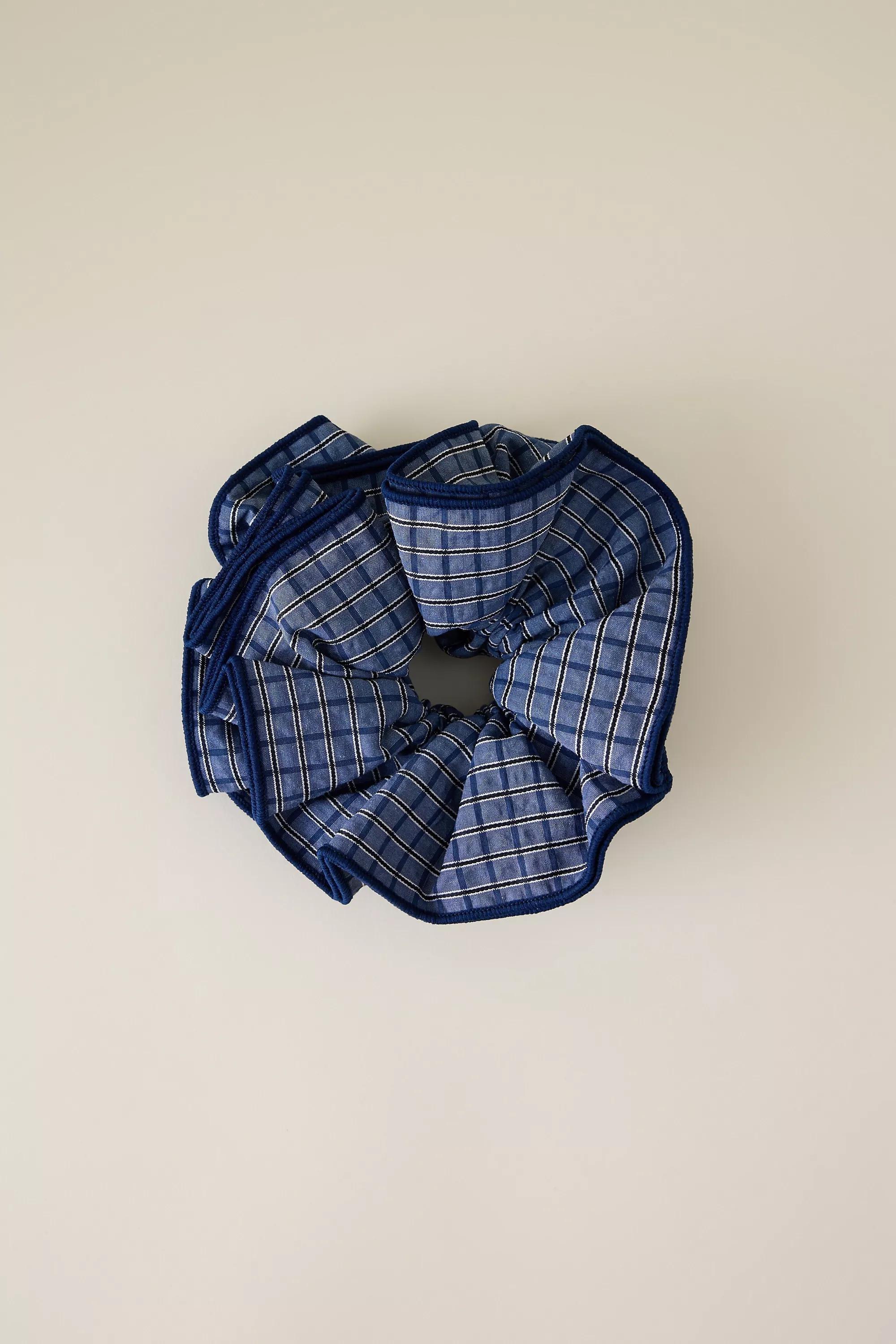Navy Checked Hair Scrunchie, Blue, A501_0049, large image number 1