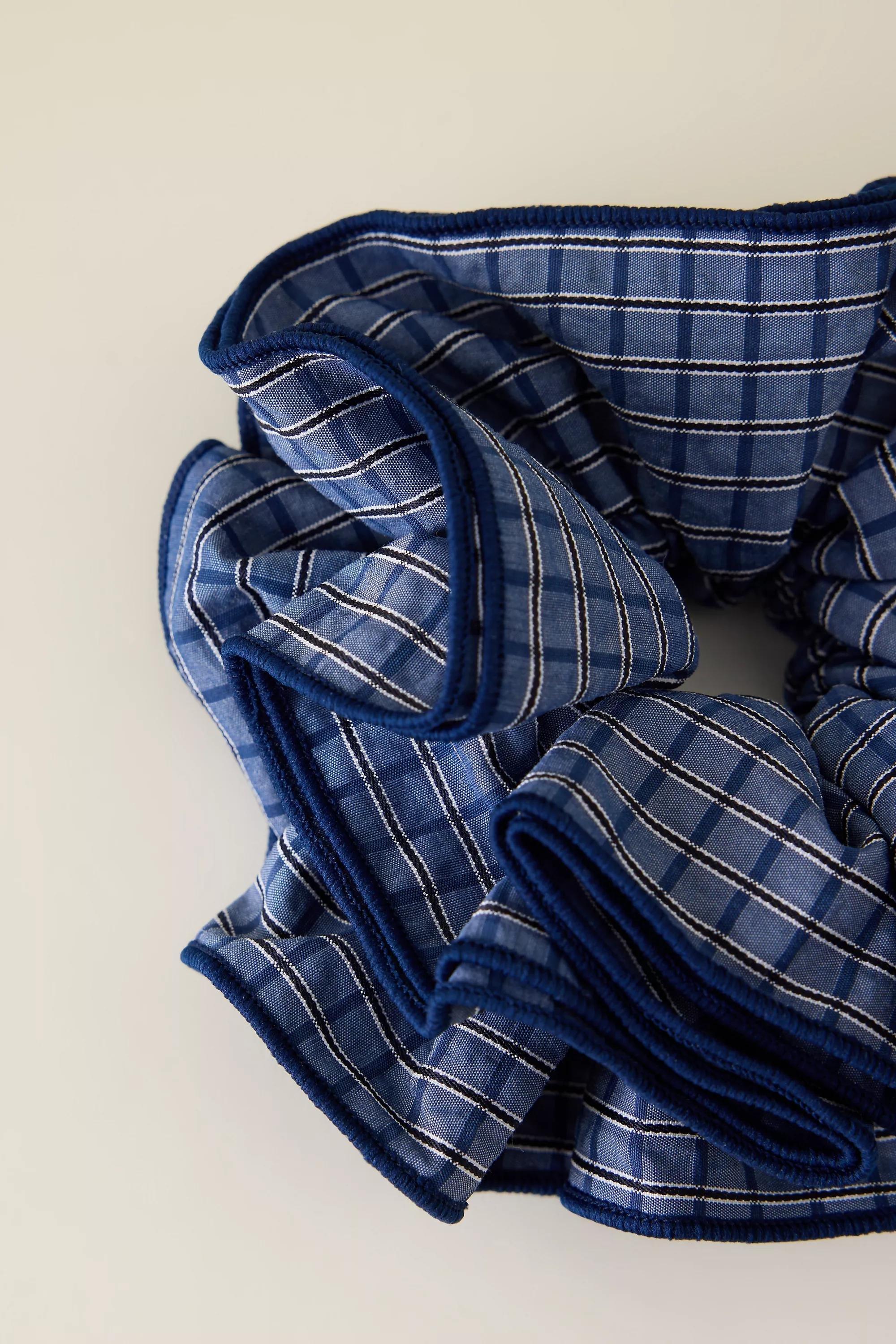 Navy Checked Hair Scrunchie, Blue, A501_0049, large image number 2