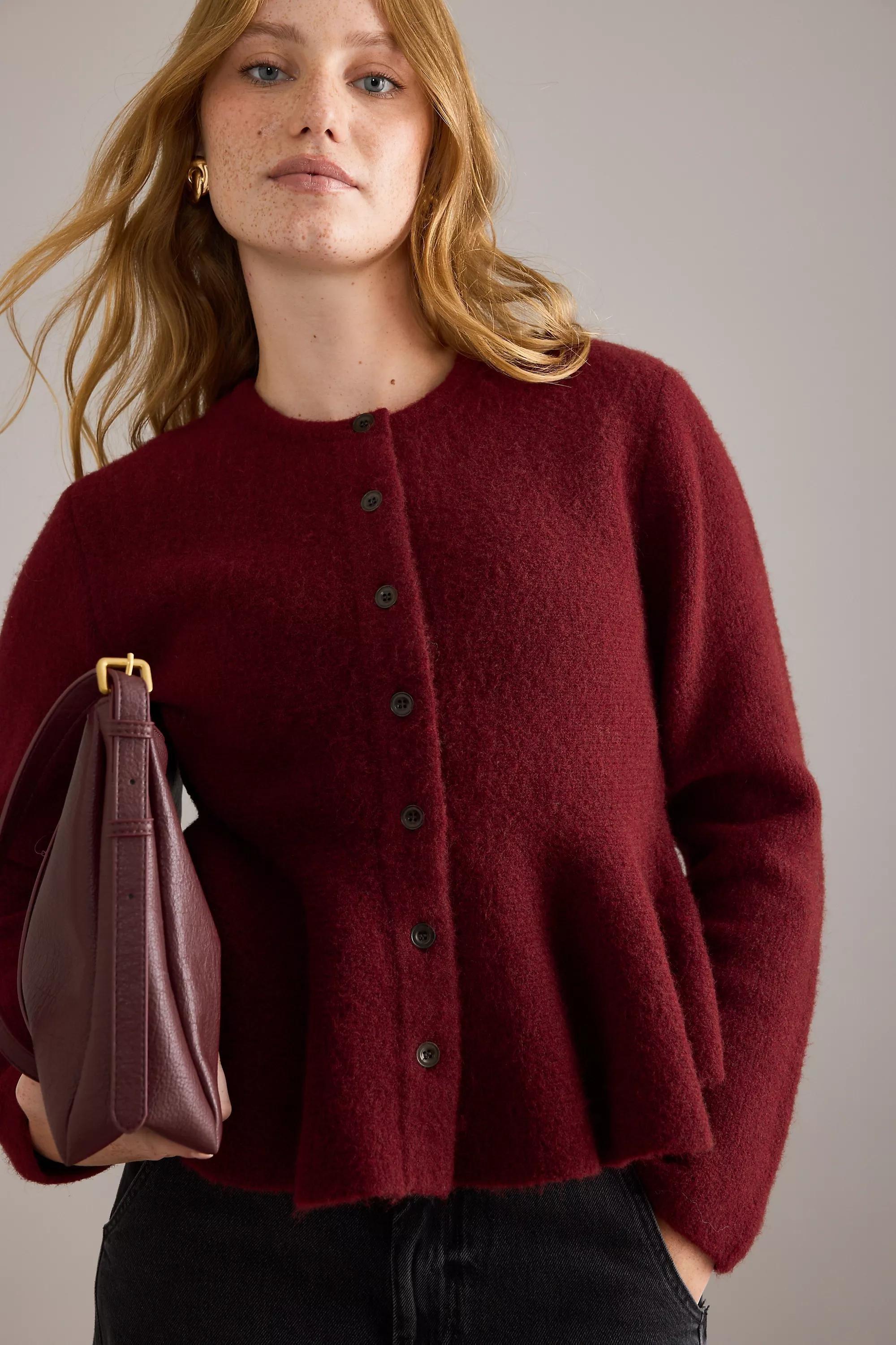 By Anthropologie Hourglass Peplum Cardigan, Red, A501_0061, medium