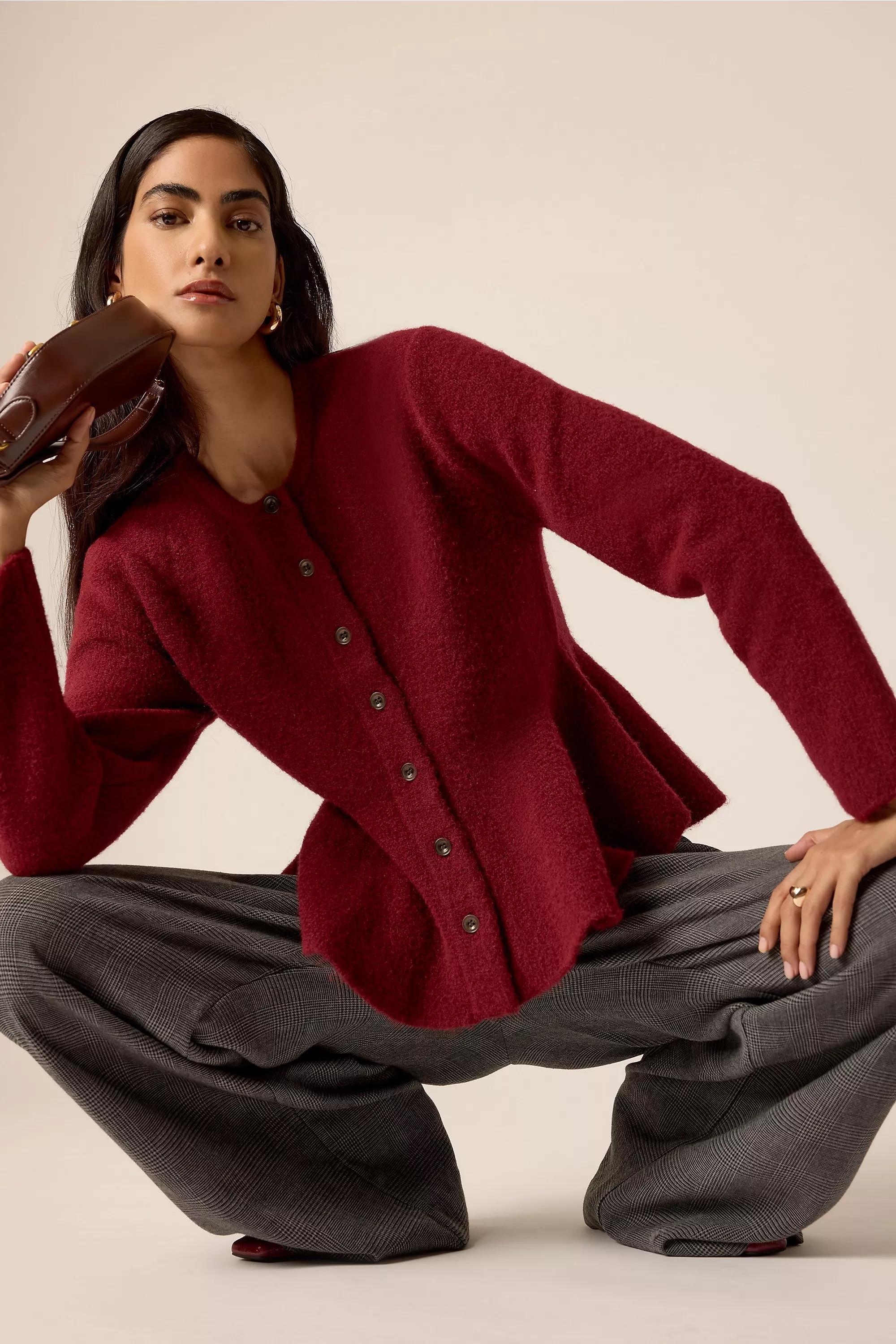 By Anthropologie Hourglass Peplum Cardigan, Red, A501_0061, large image number 1