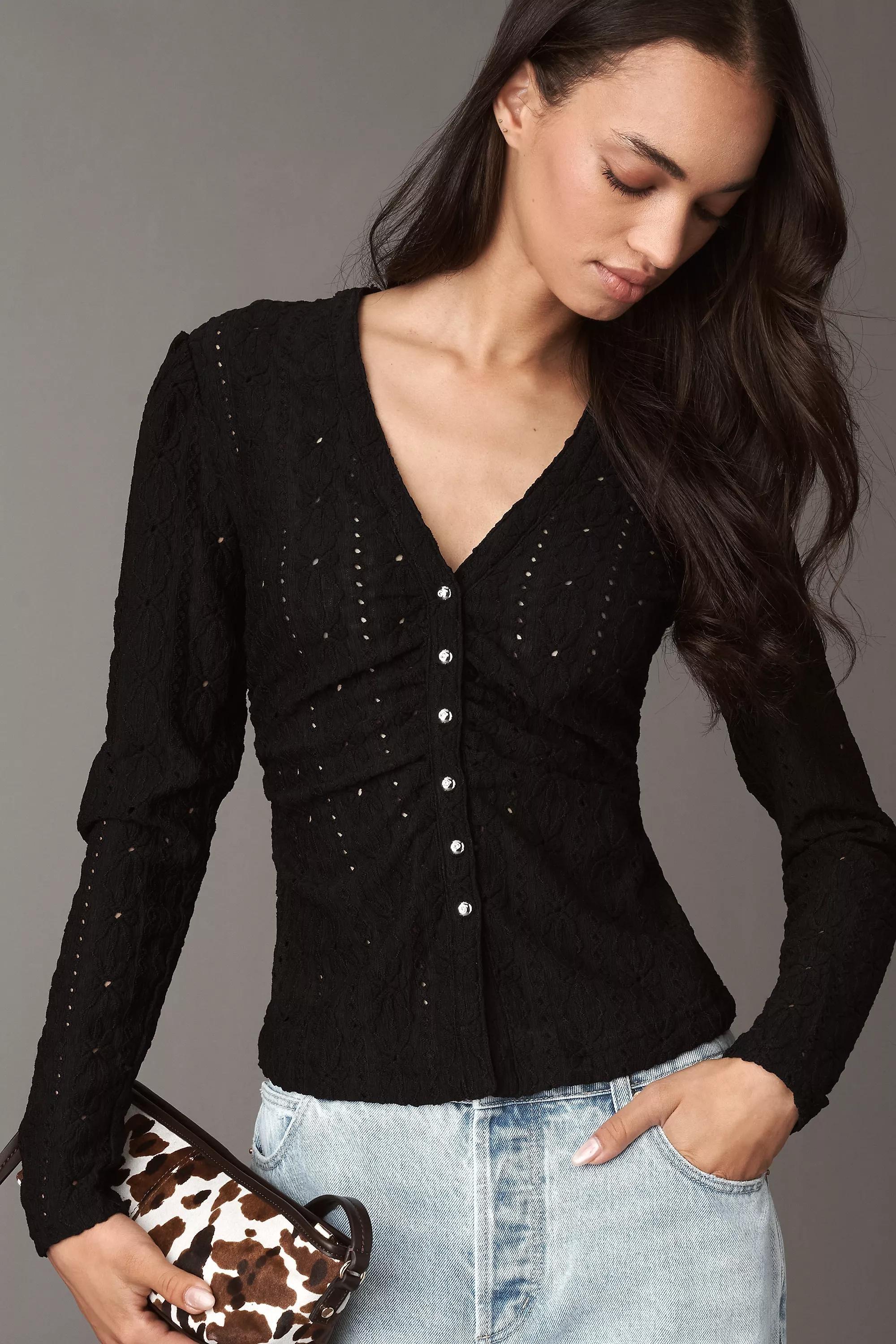 Maeve Textured Eyelet Top, Black, A501_0001, medium