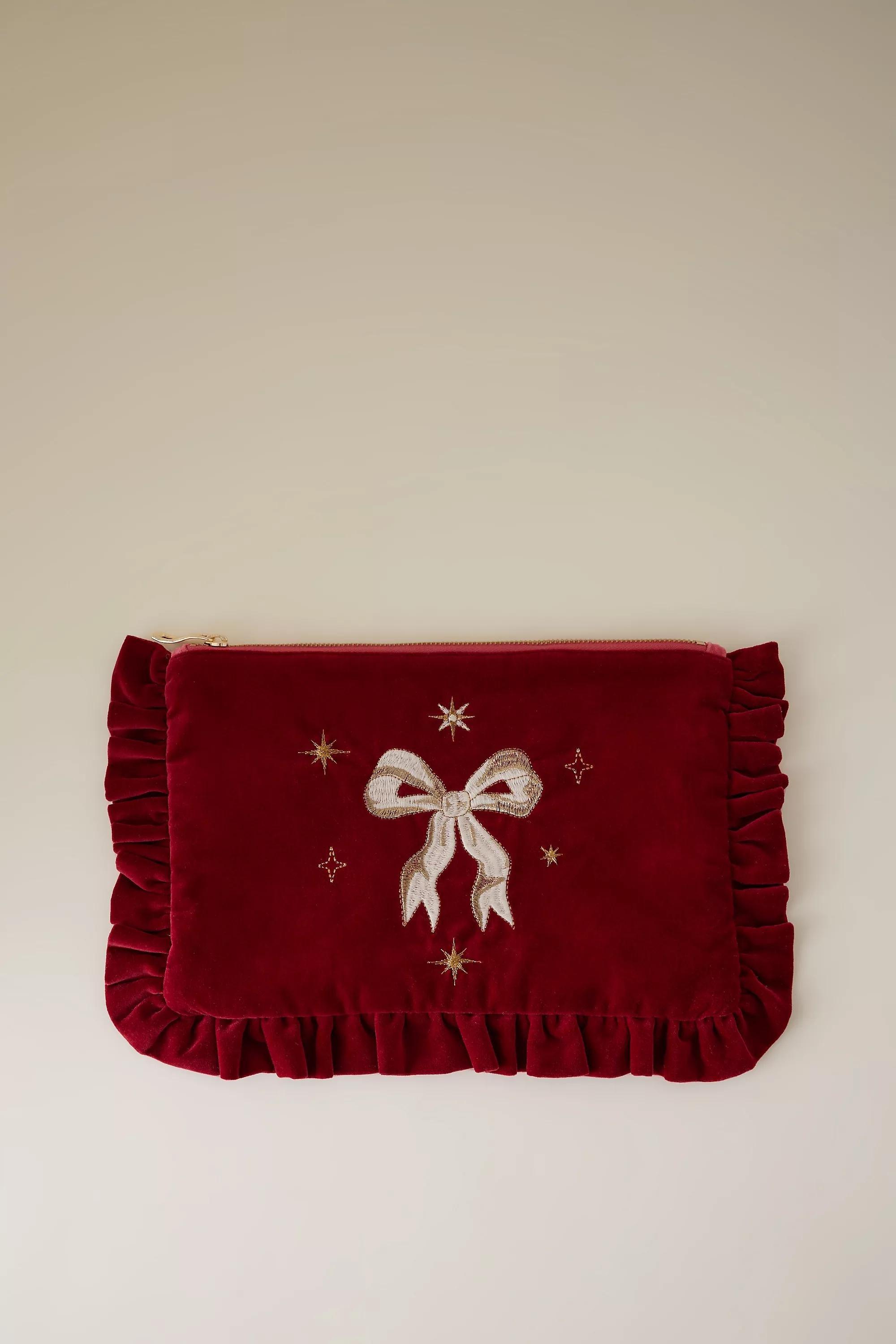 Elizabeth Scarlett Bow Embroidered Velvet Frill Pouch, Red, A501_0060, medium