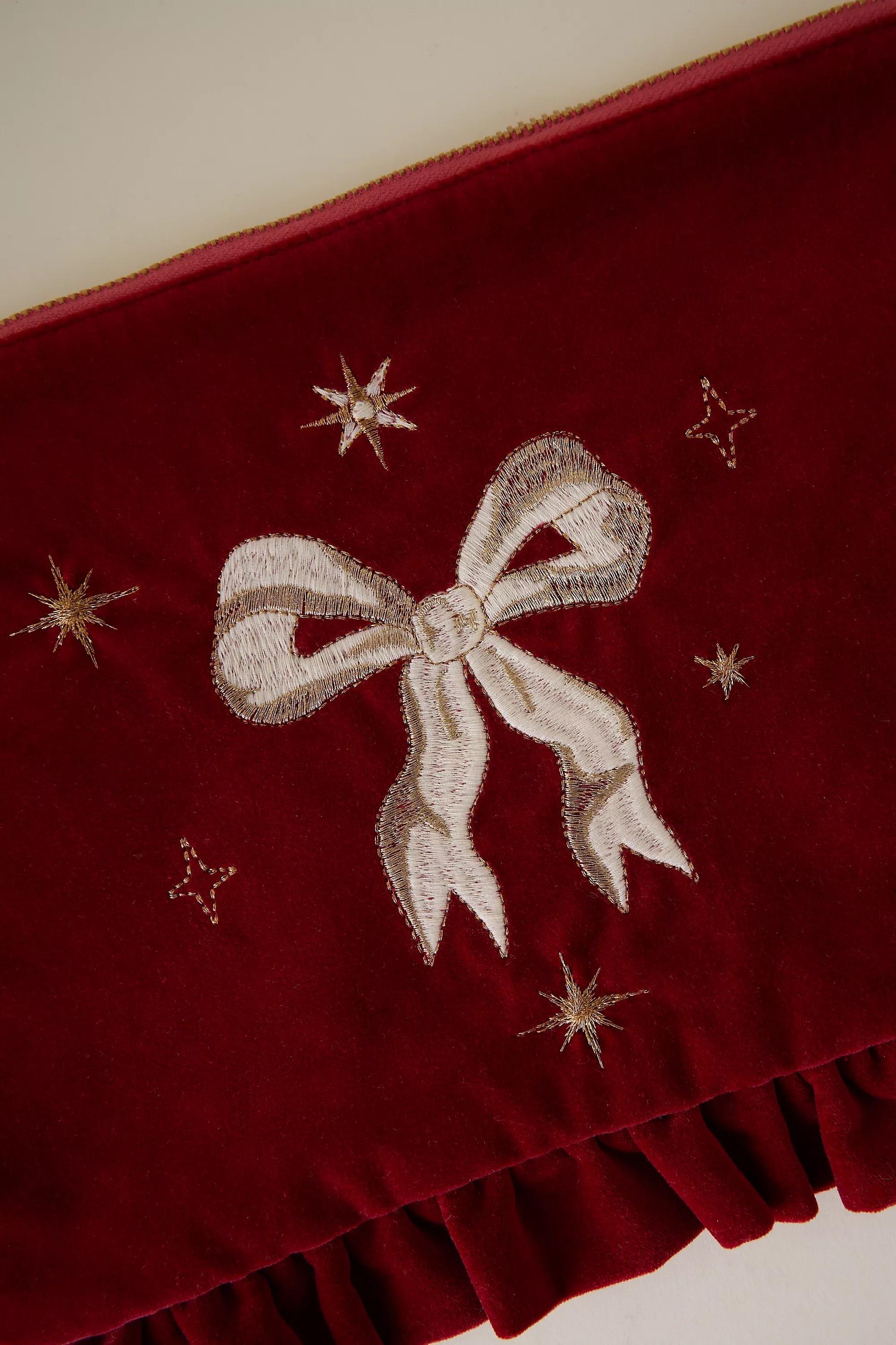 Elizabeth Scarlett Bow Embroidered Velvet Frill Pouch, Red, A501_0060, large image number 1