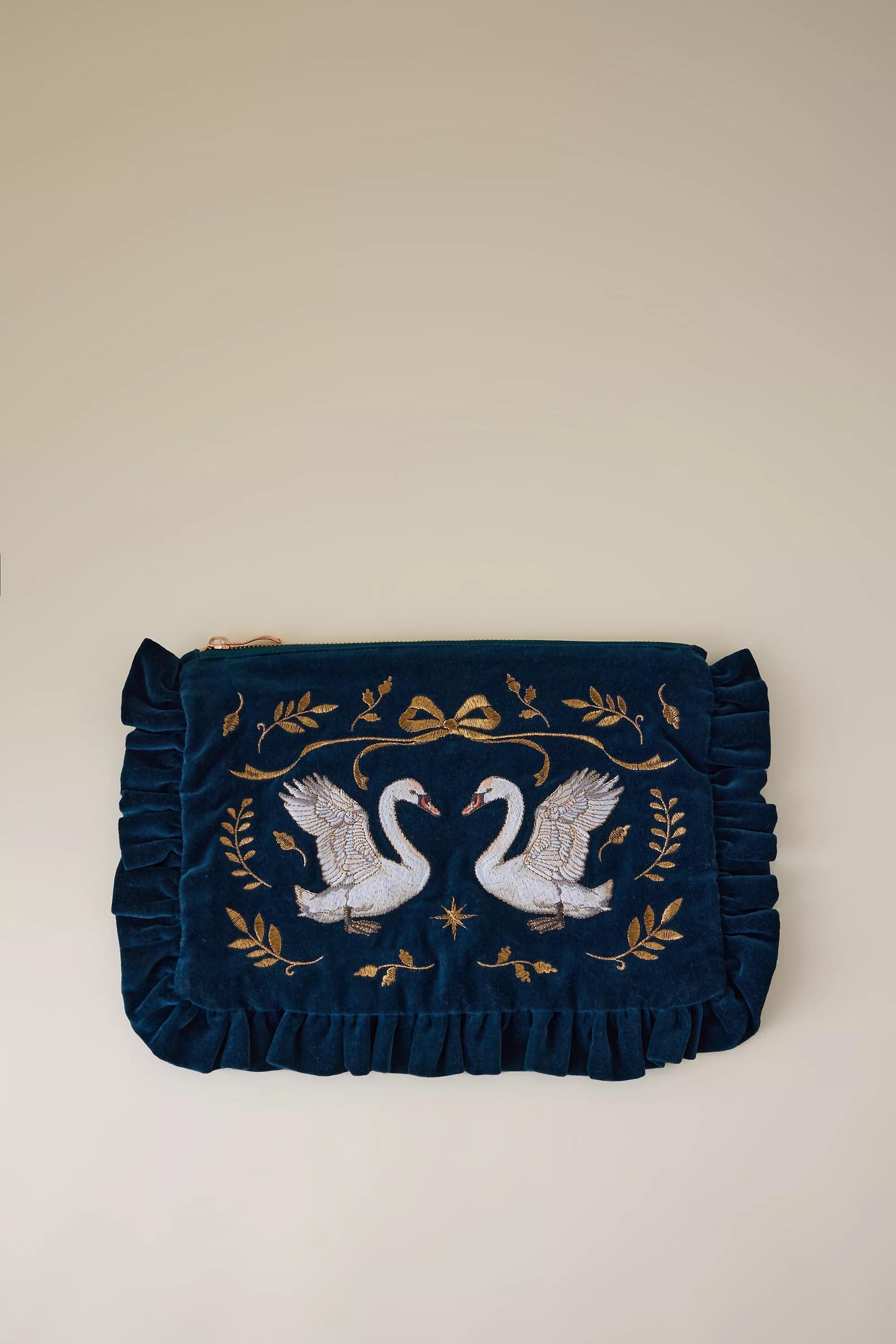 Elizabeth Scarlett Swan Embroidered Velvet Frill Pouch, Blue, A501_0040, medium