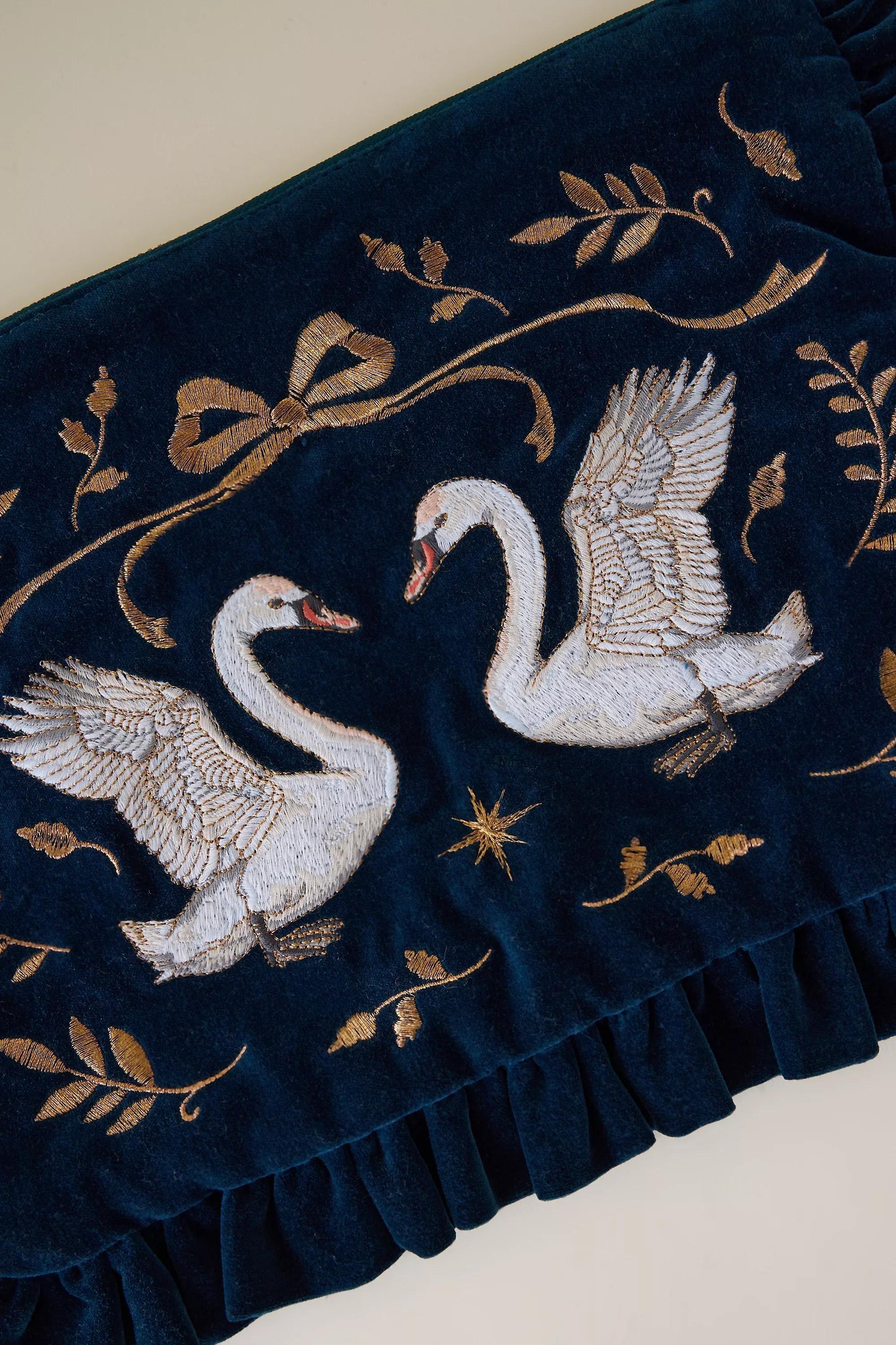 Elizabeth Scarlett Swan Embroidered Velvet Frill Pouch, Blue, A501_0040, large image number 1
