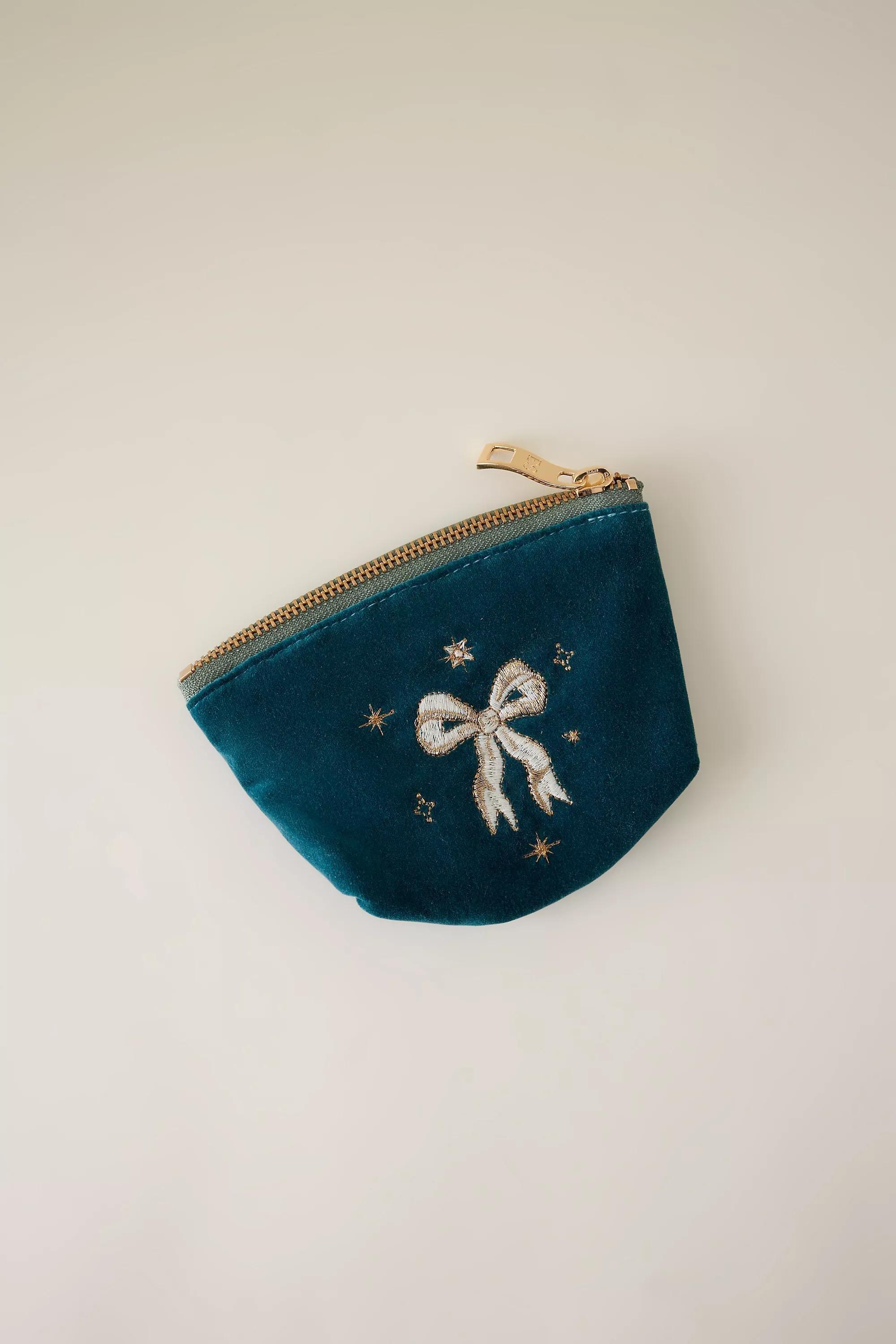 Elizabeth Scarlett Bow Embroidered Velvet Coin Purse, Blue, A501_0040, large image number 0