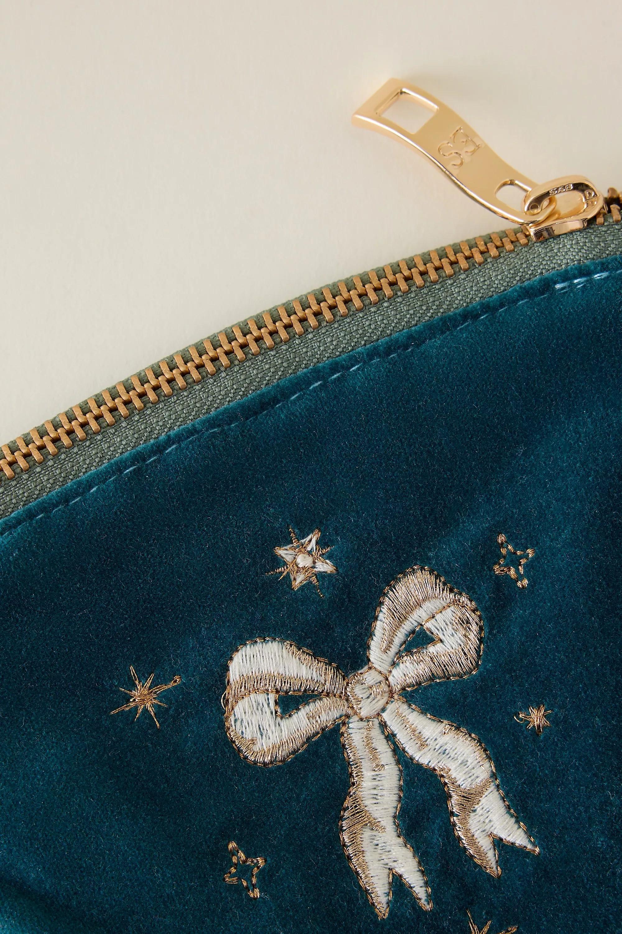 Elizabeth Scarlett Bow Embroidered Velvet Coin Purse, Blue, A501_0040, large image number 1