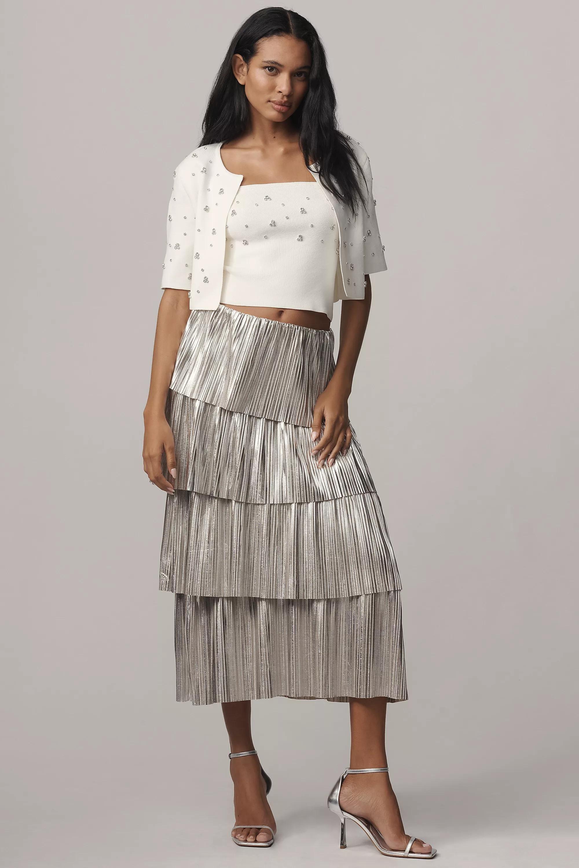 By Anthropologie Metallic Plisse Tiered Midi Skirt, Silver, A501_0177, large image number 0