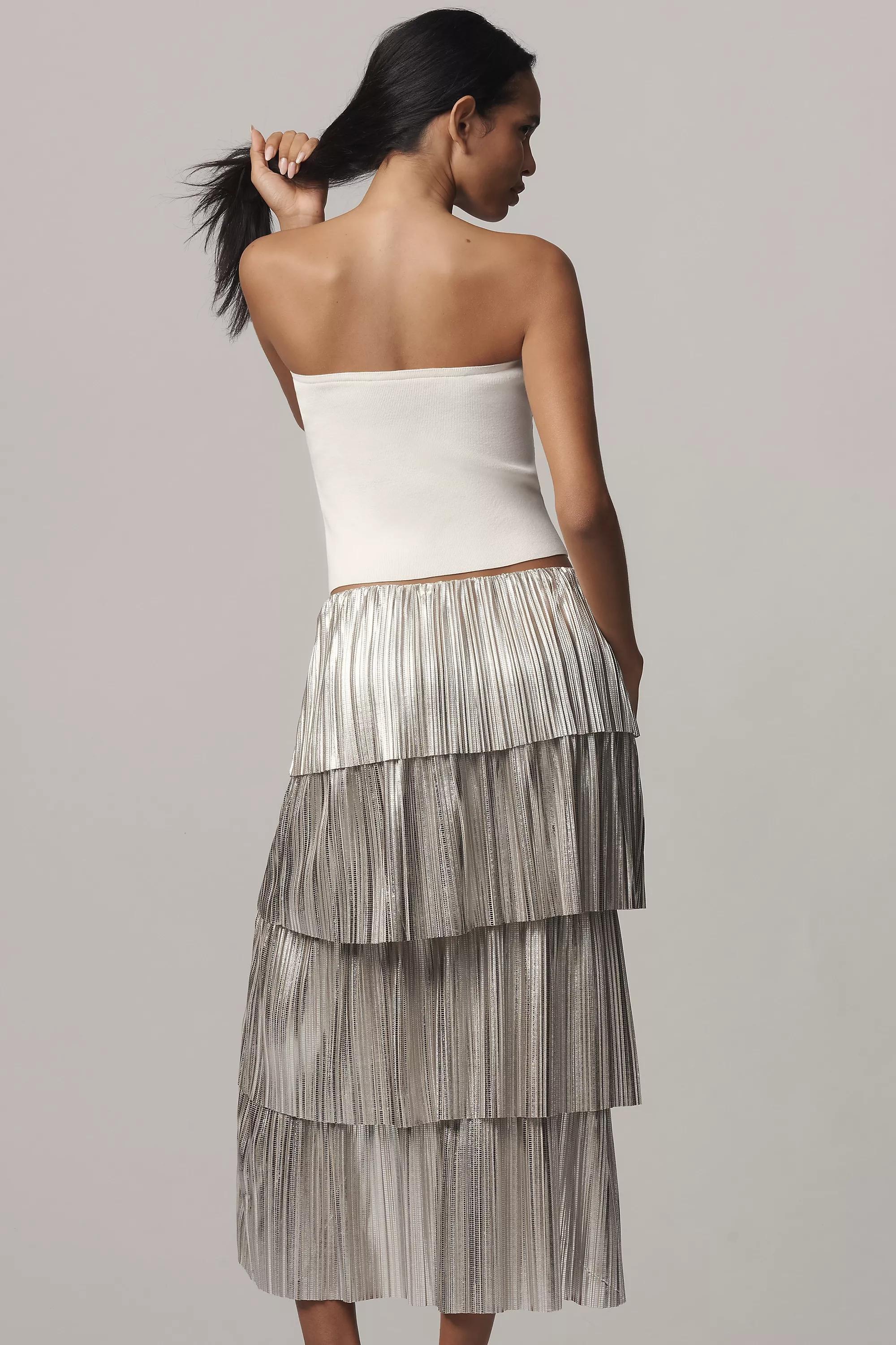 By Anthropologie Metallic Plisse Tiered Midi Skirt, Silver, A501_0177, large image number 1