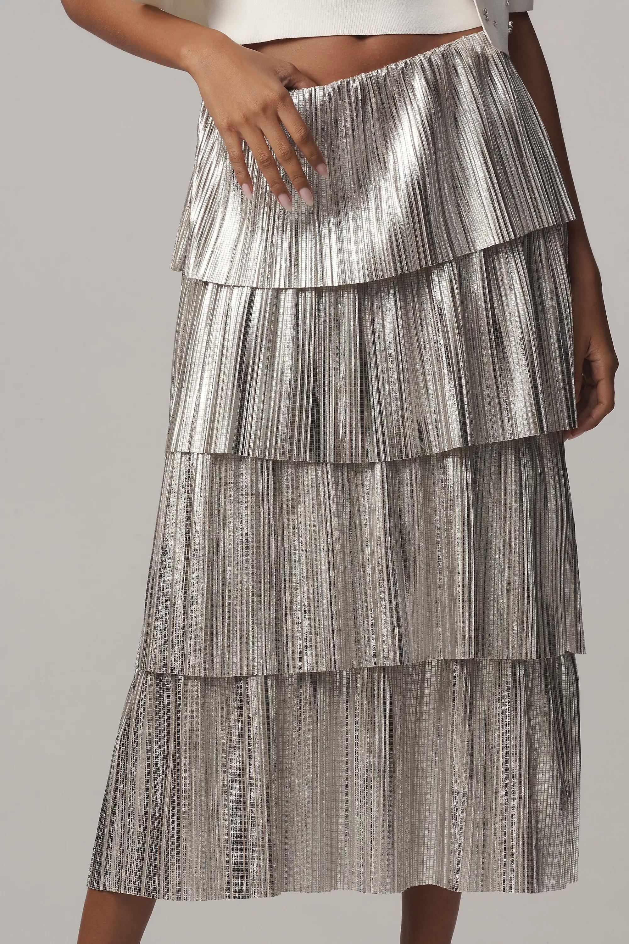 By Anthropologie Metallic Plisse Tiered Midi Skirt, Silver, A501_0177, large image number 3