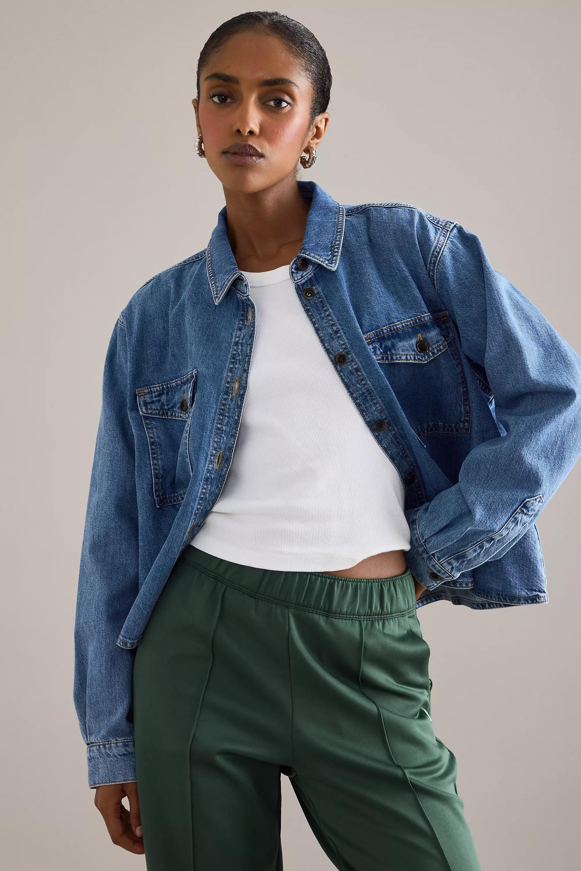 By Anthropologie Long-Sleeve Crop Denim Top, Blue, A501_0093, large image number 0