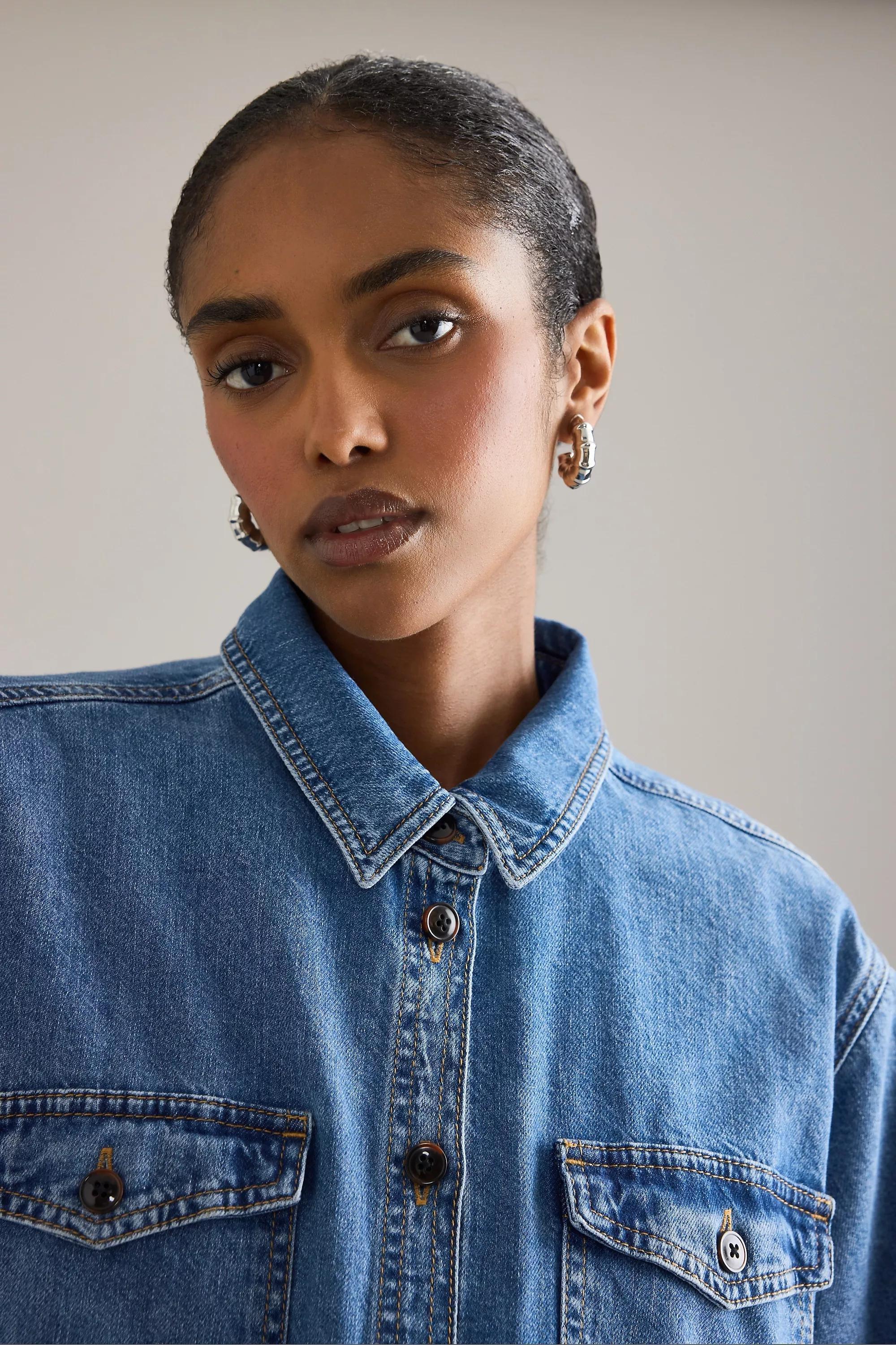 By Anthropologie Long-Sleeve Crop Denim Top, Blue, A501_0093, large image number 2