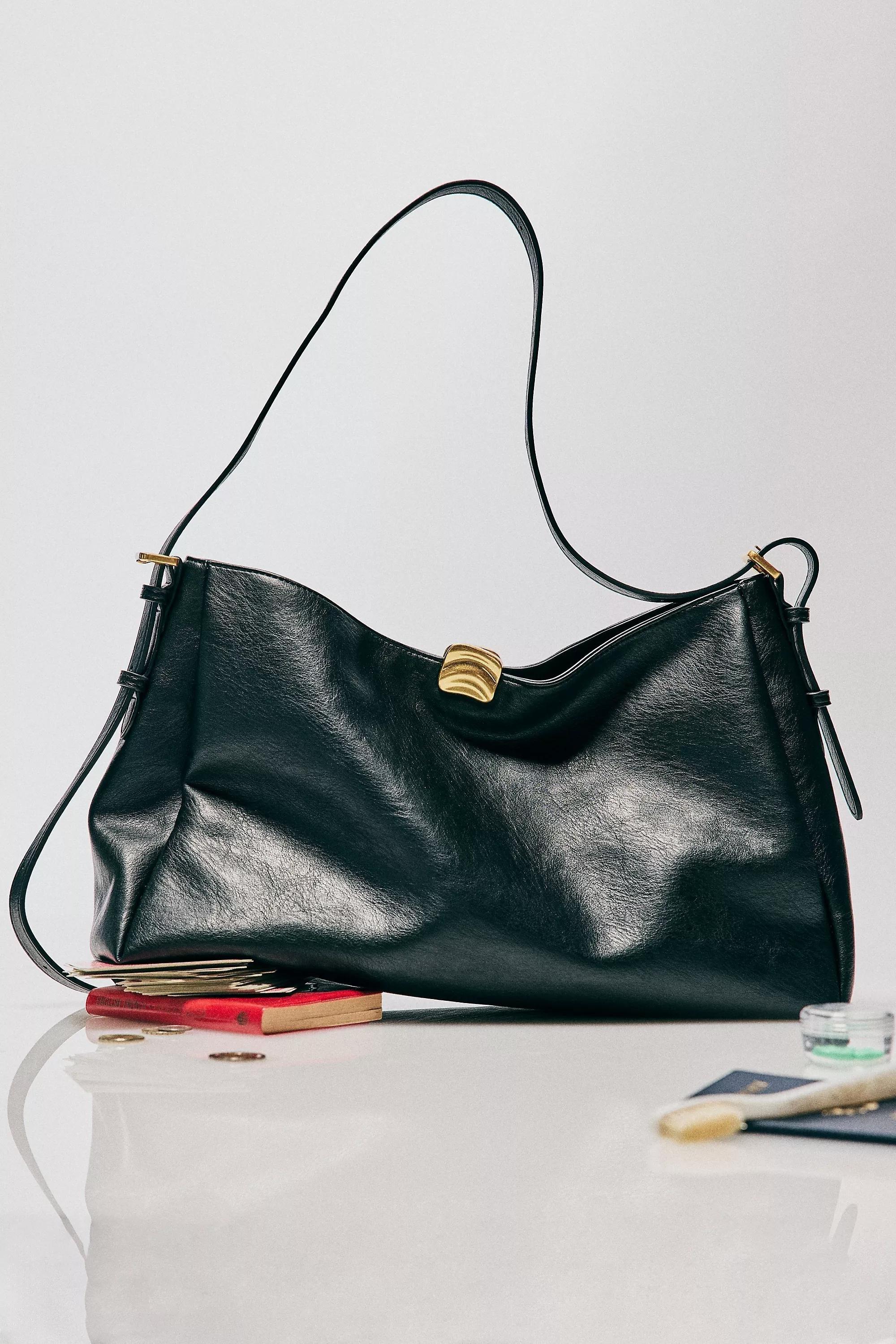 Foldover Slouchy Buckle Shoulder Bag, Black, A501_0001, medium