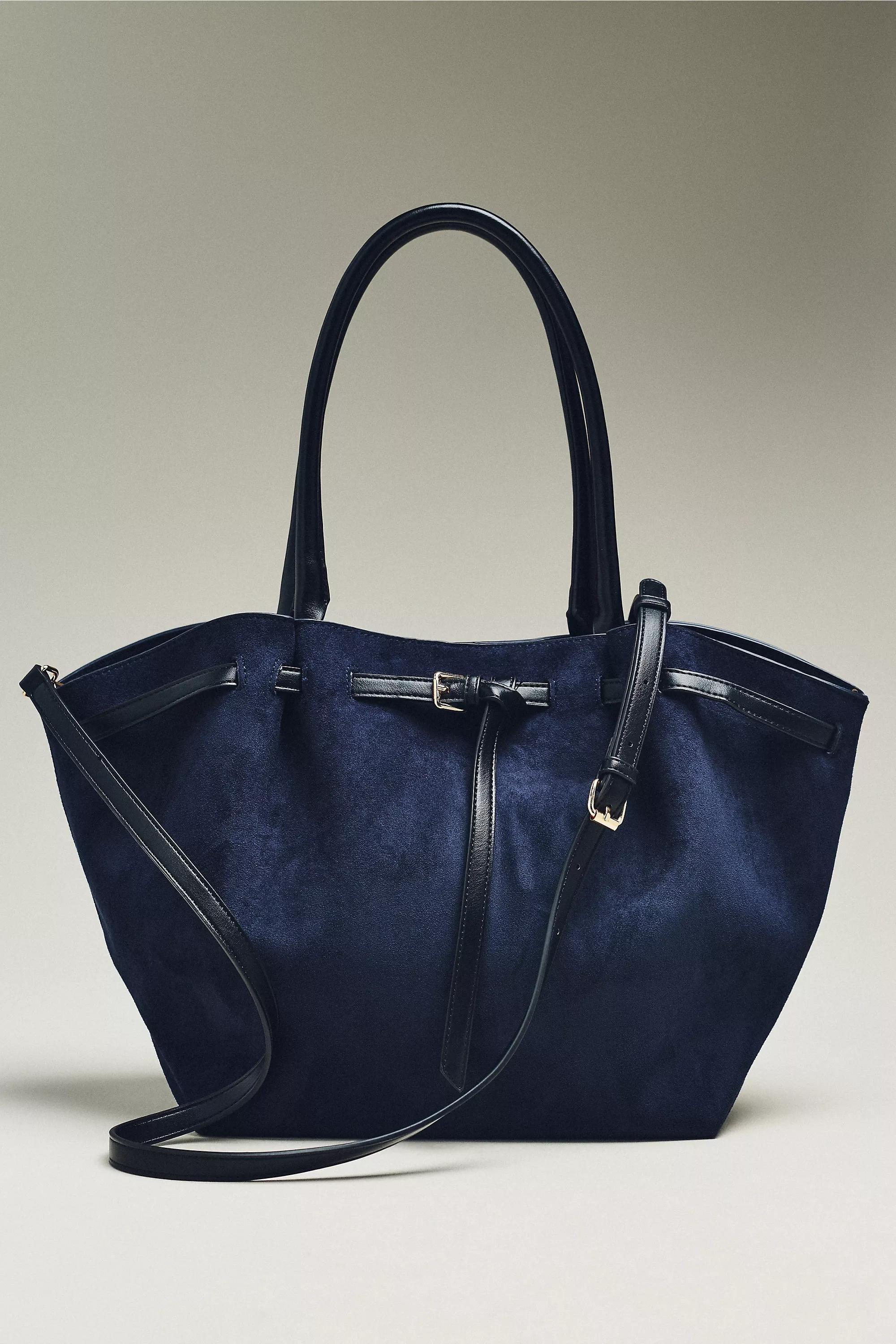 By Anthropologie Faux-Suede Belted Tote Bag, Navy, A501_0439, medium