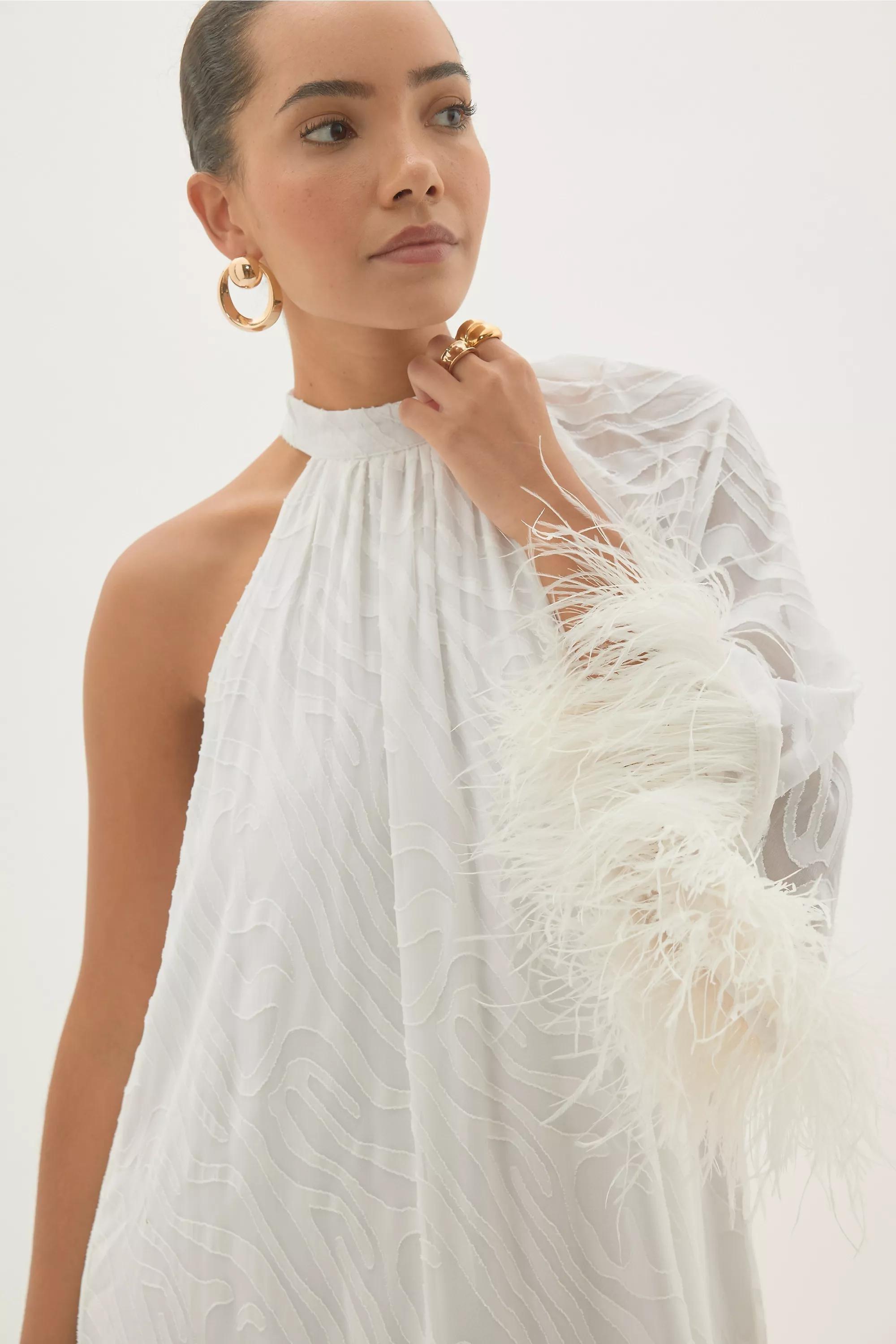 By Anthropologie Halter Feather-Cuff Maxi Dress, White, A501_0010, large image number 2