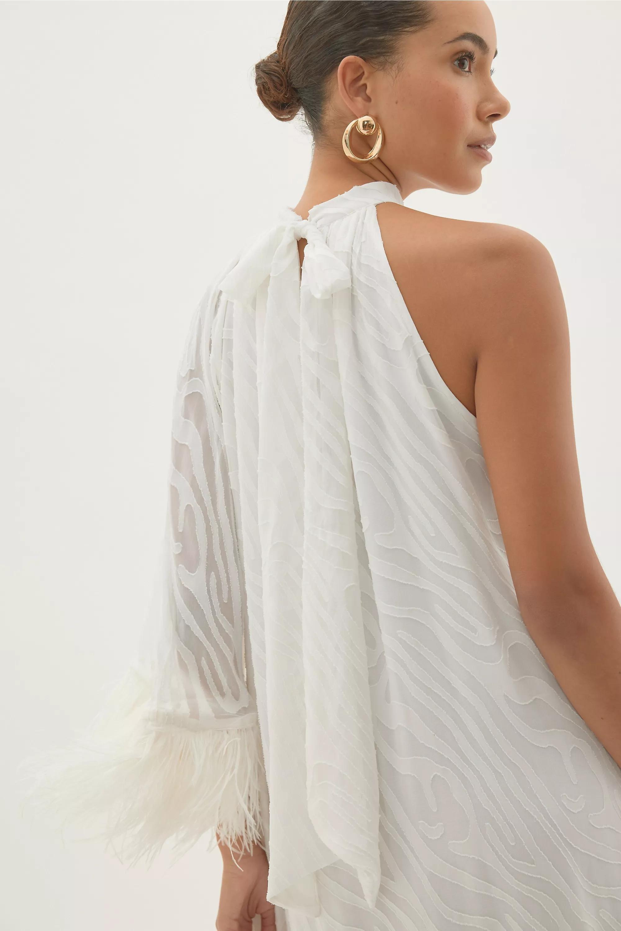 By Anthropologie Halter Feather-Cuff Maxi Dress, White, A501_0010, large image number 5