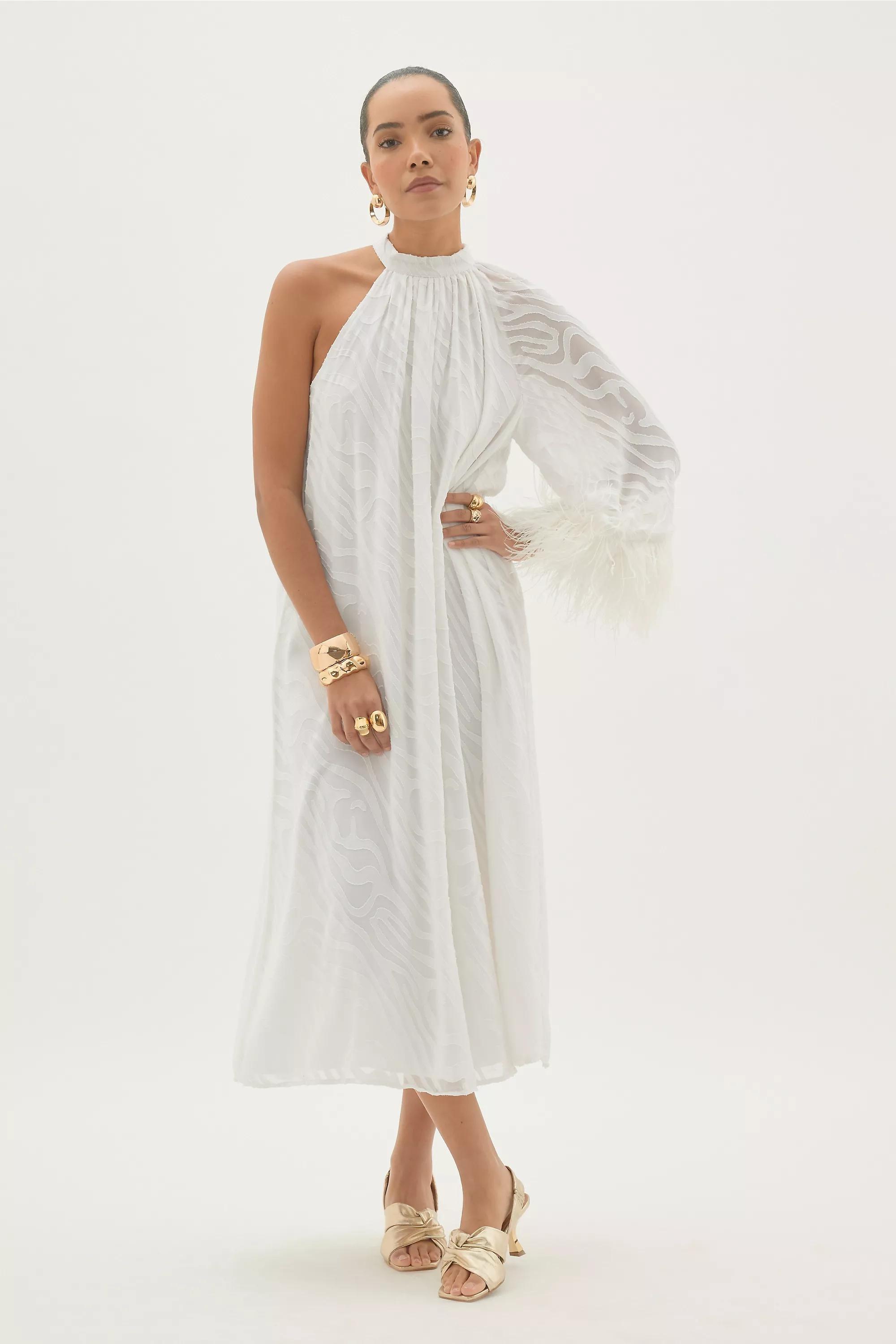 By Anthropologie Halter Feather-Cuff Maxi Dress, White, A501_0010, large image number 7