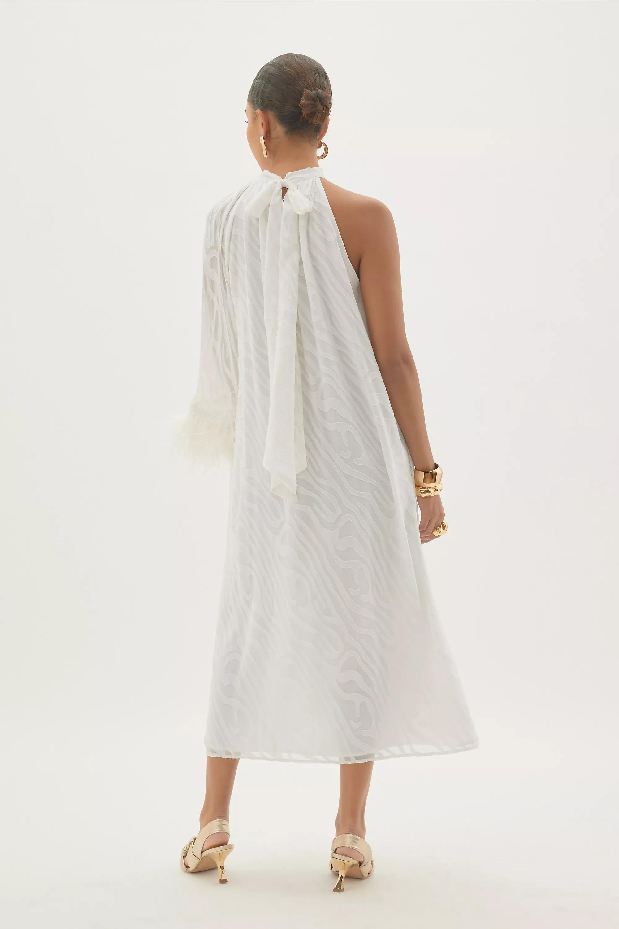 By Anthropologie Halter Feather-Cuff Maxi Dress, White, A501_0010, large image number 8