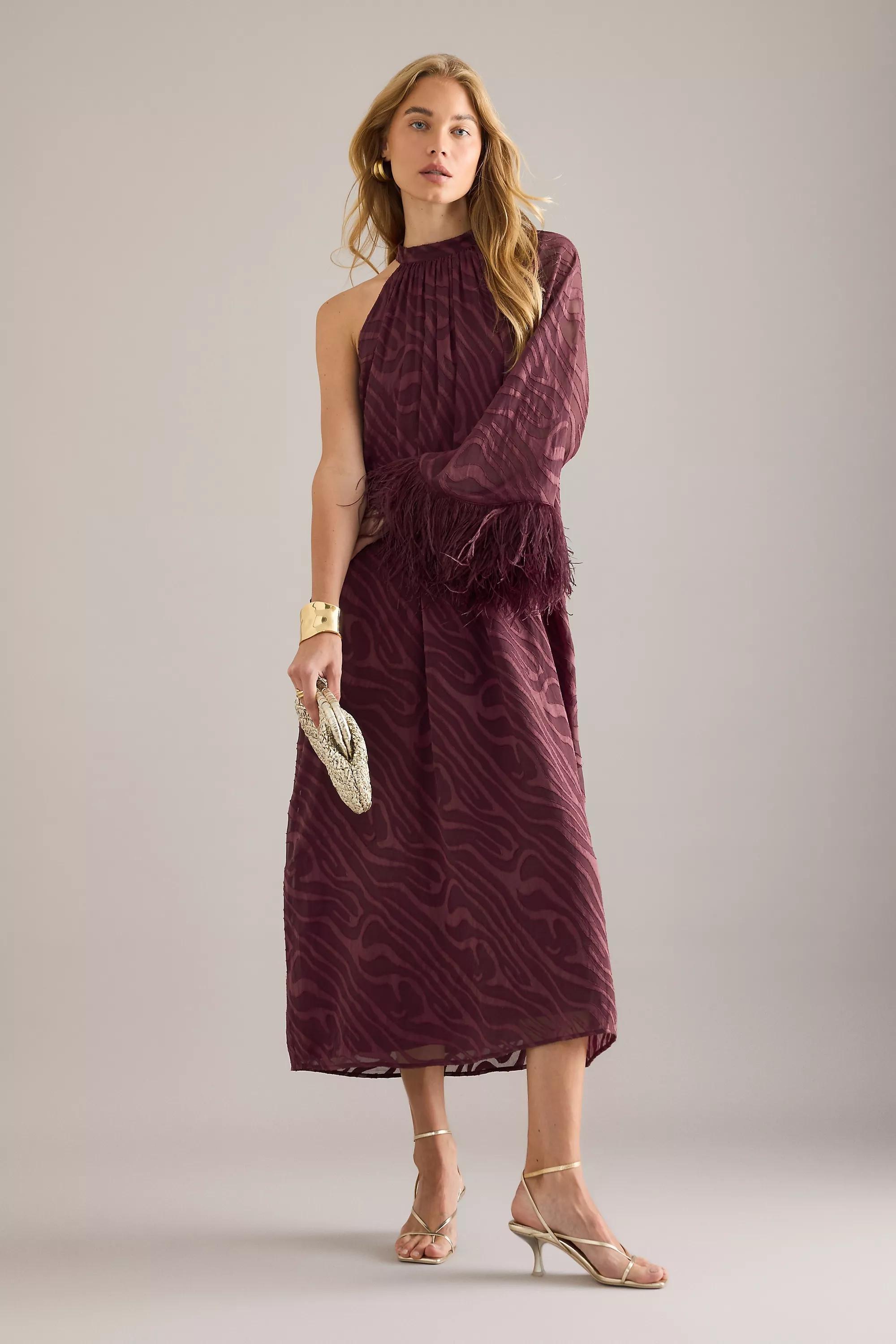By Anthropologie Halter Feather-Cuff Maxi Dress, Purple, A501_0051, medium