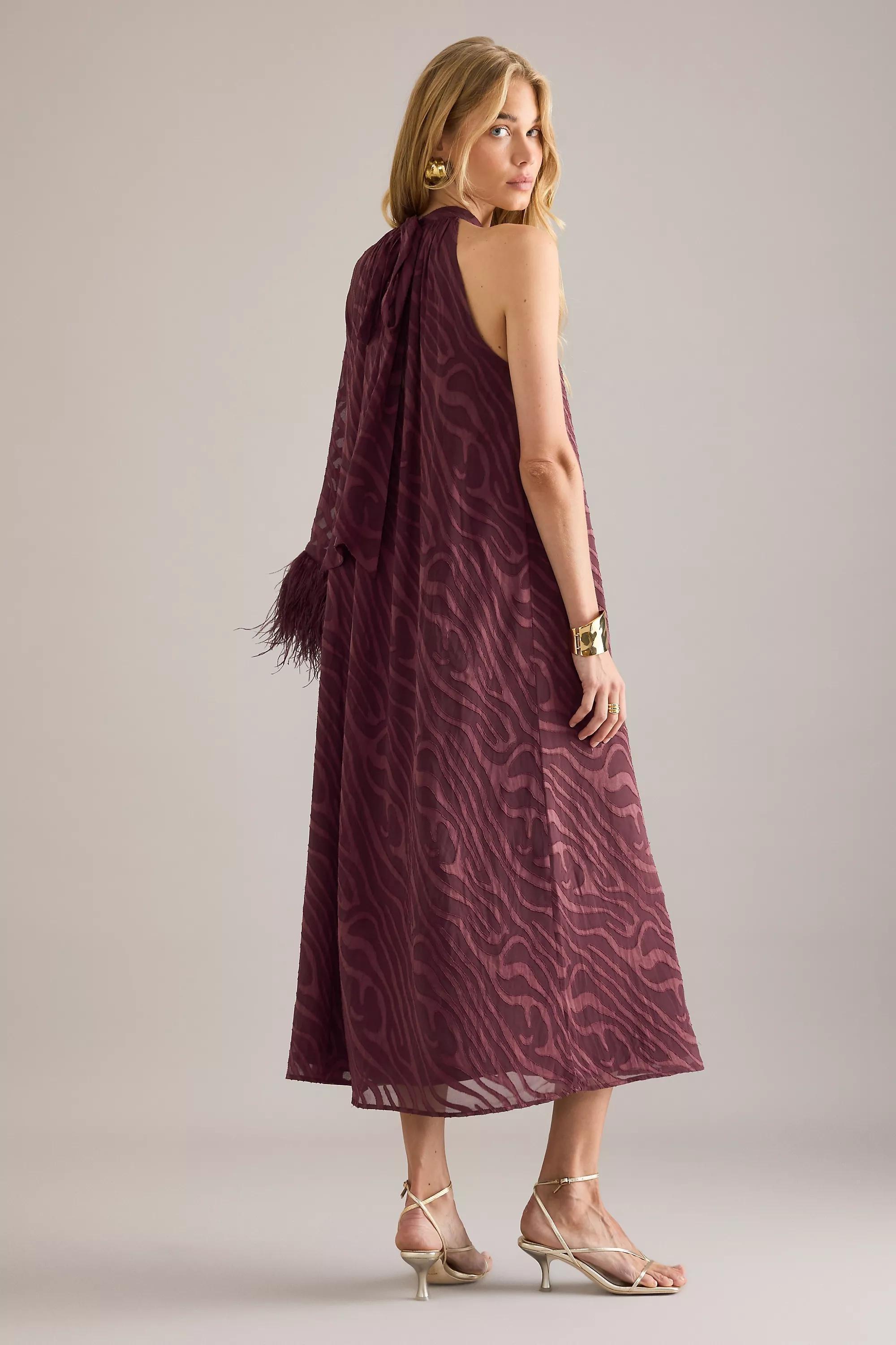 By Anthropologie Halter Feather-Cuff Maxi Dress, Purple, A501_0051, medium