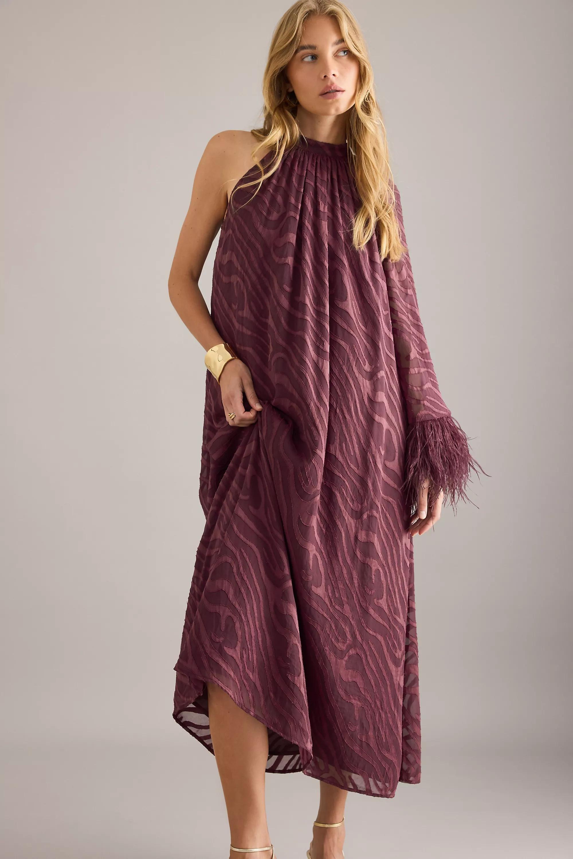 By Anthropologie Halter Feather-Cuff Maxi Dress, Purple, A501_0051, medium