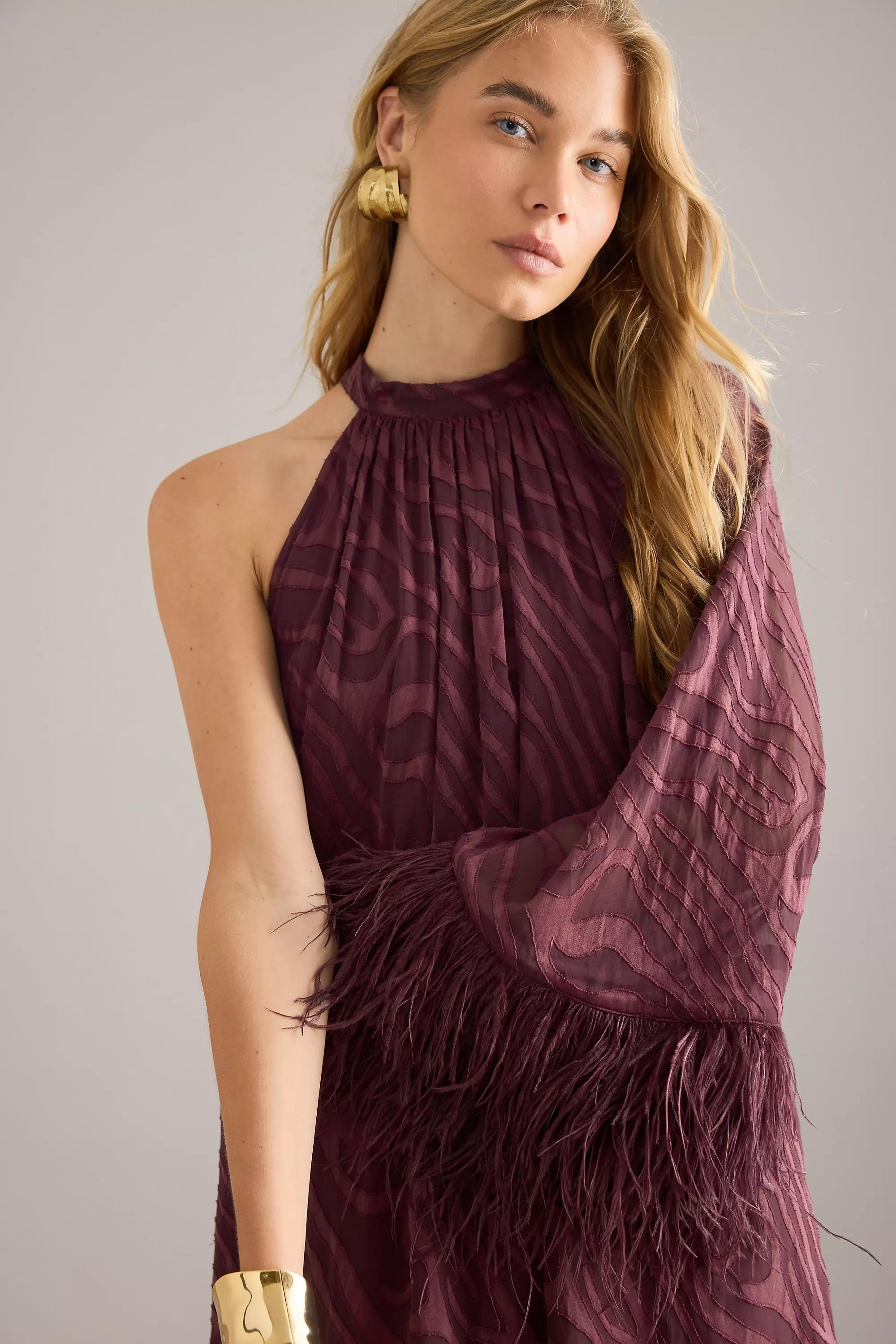 By Anthropologie Halter Feather-Cuff Maxi Dress, Purple, A501_0051, large image number 4