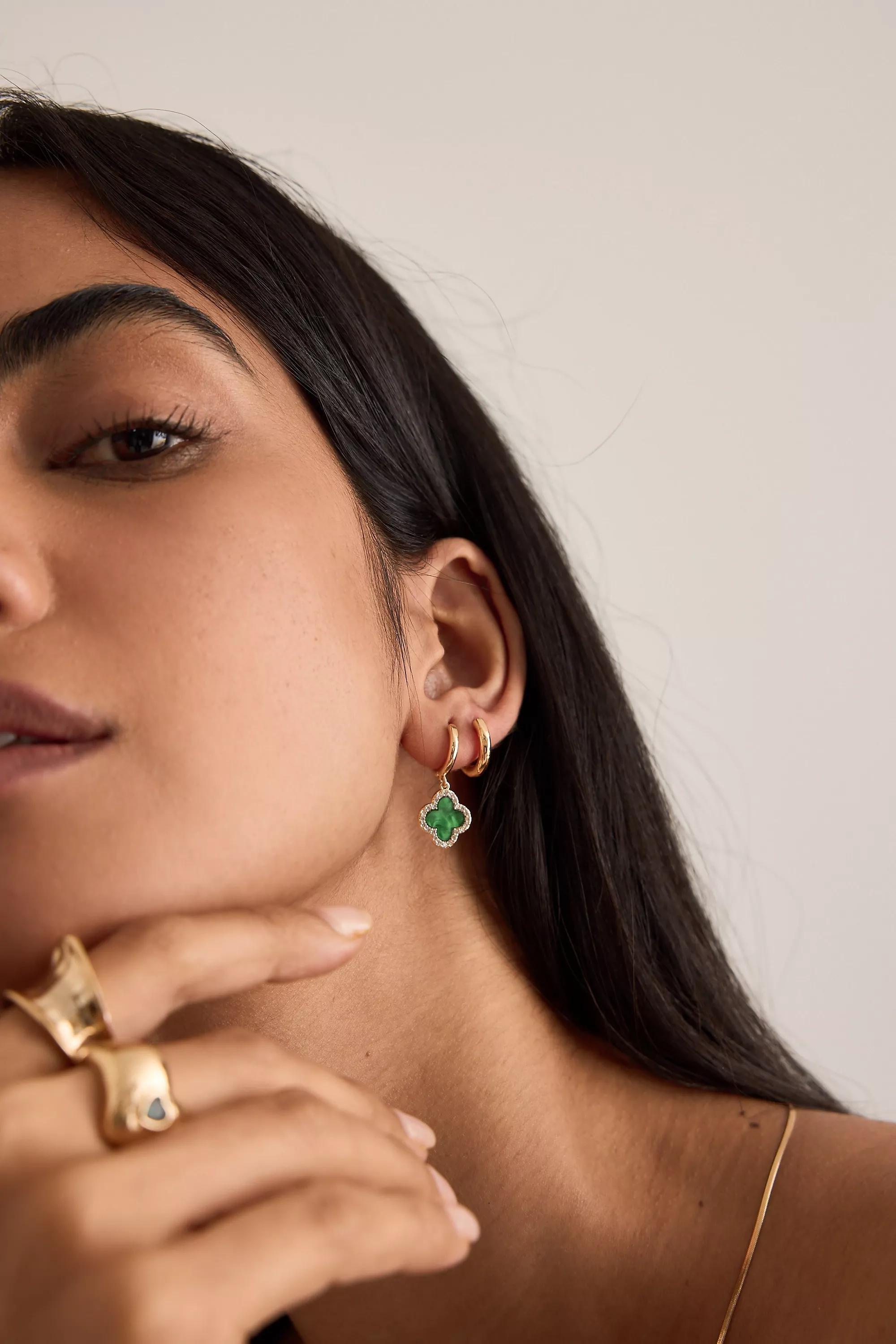 Gold-Plated Clover Huggie Hoop Earrings, Green, A501_0030, medium