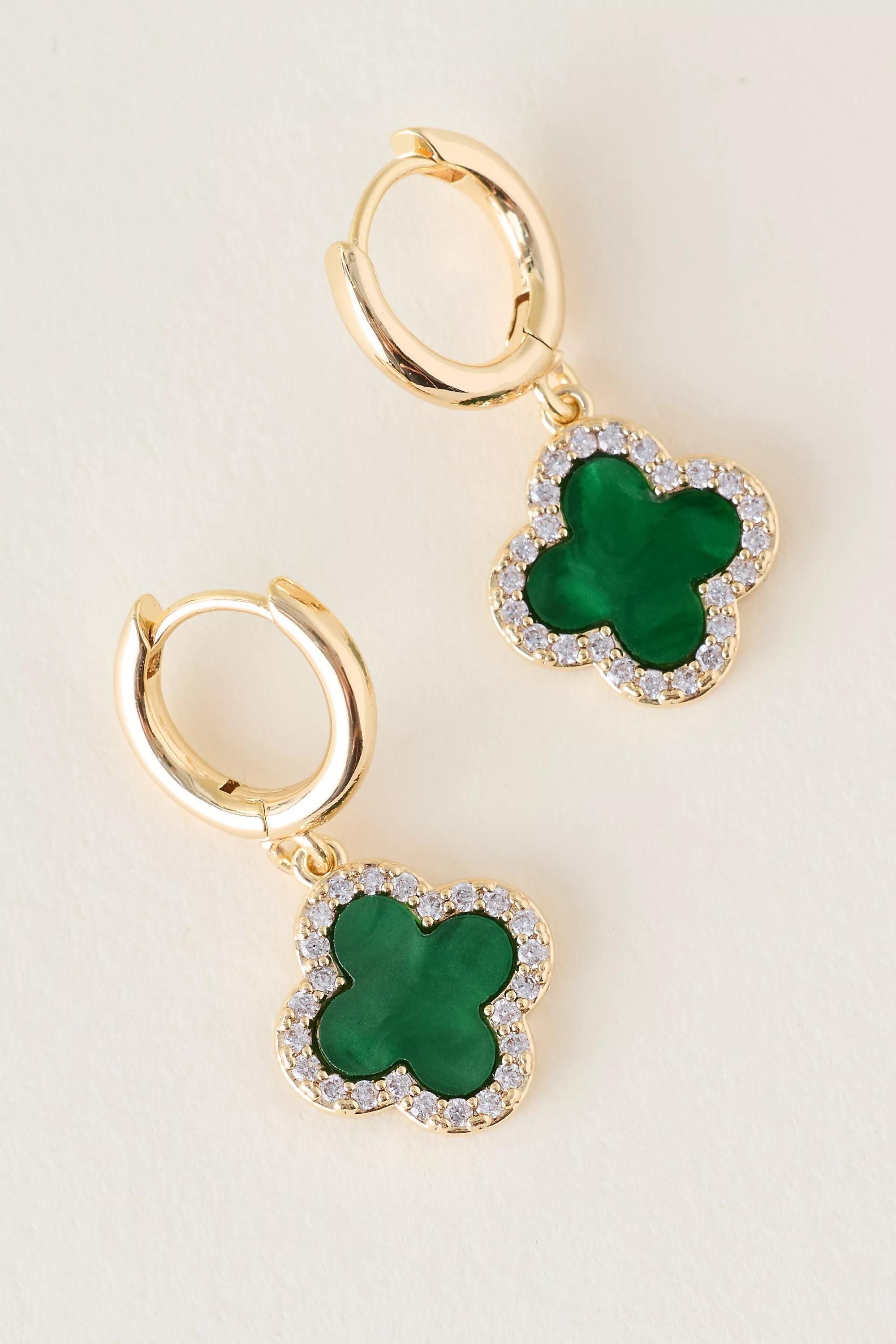 Gold-Plated Clover Huggie Hoop Earrings, Green, A501_0030, large image number 1