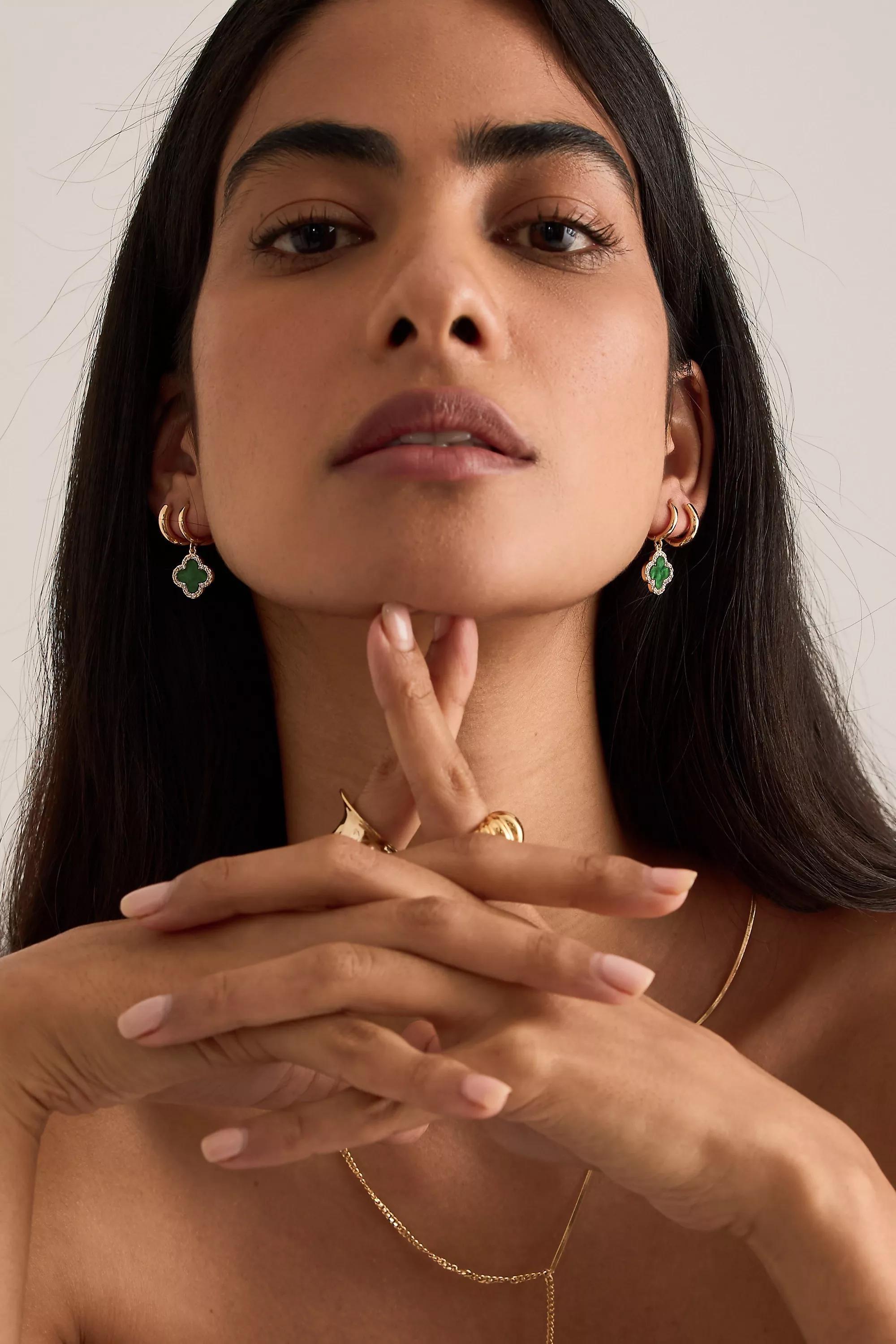 Gold-Plated Clover Huggie Hoop Earrings, Green, A501_0030, medium