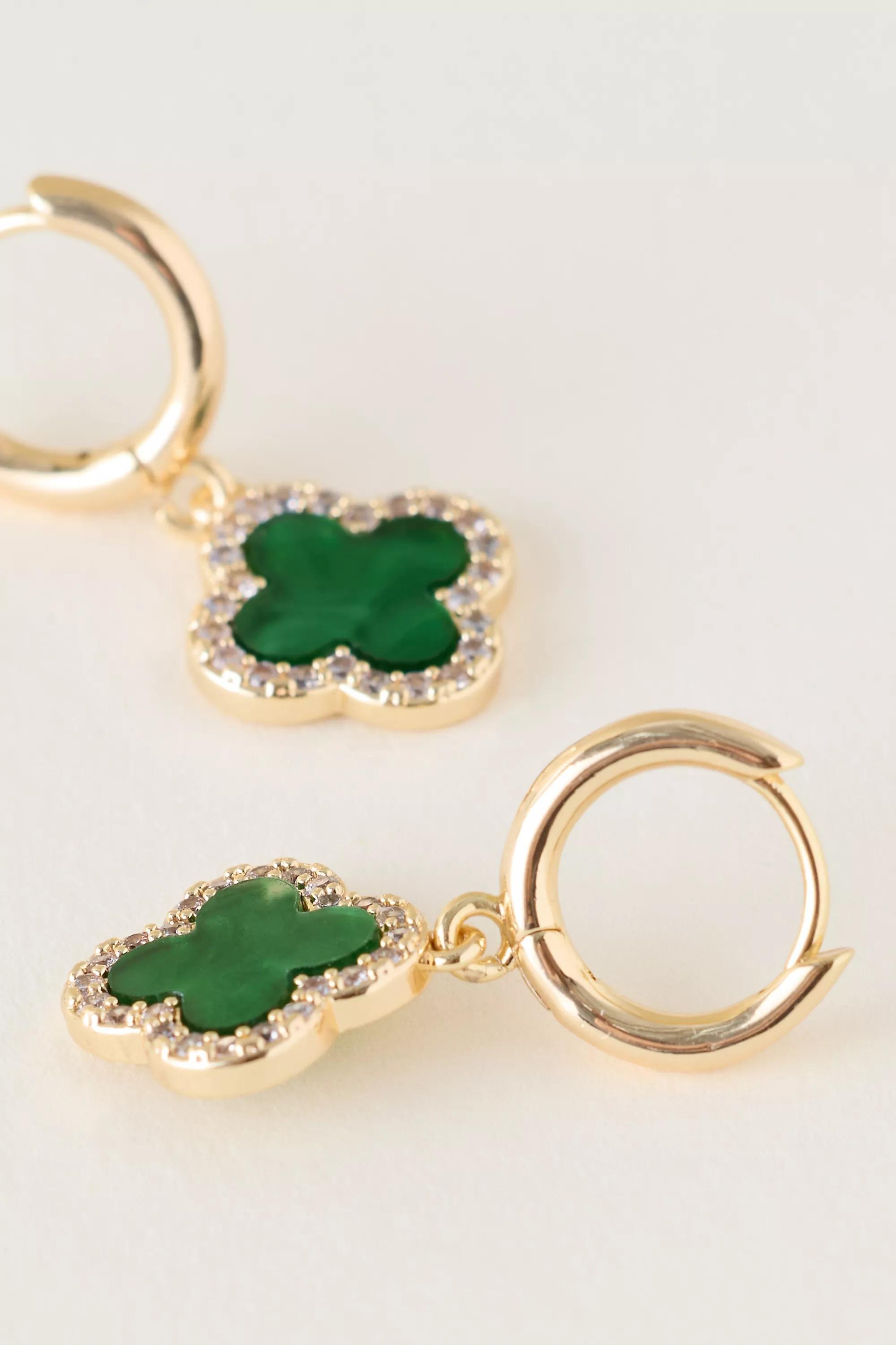 Gold-Plated Clover Huggie Hoop Earrings, Green, A501_0030, large image number 3