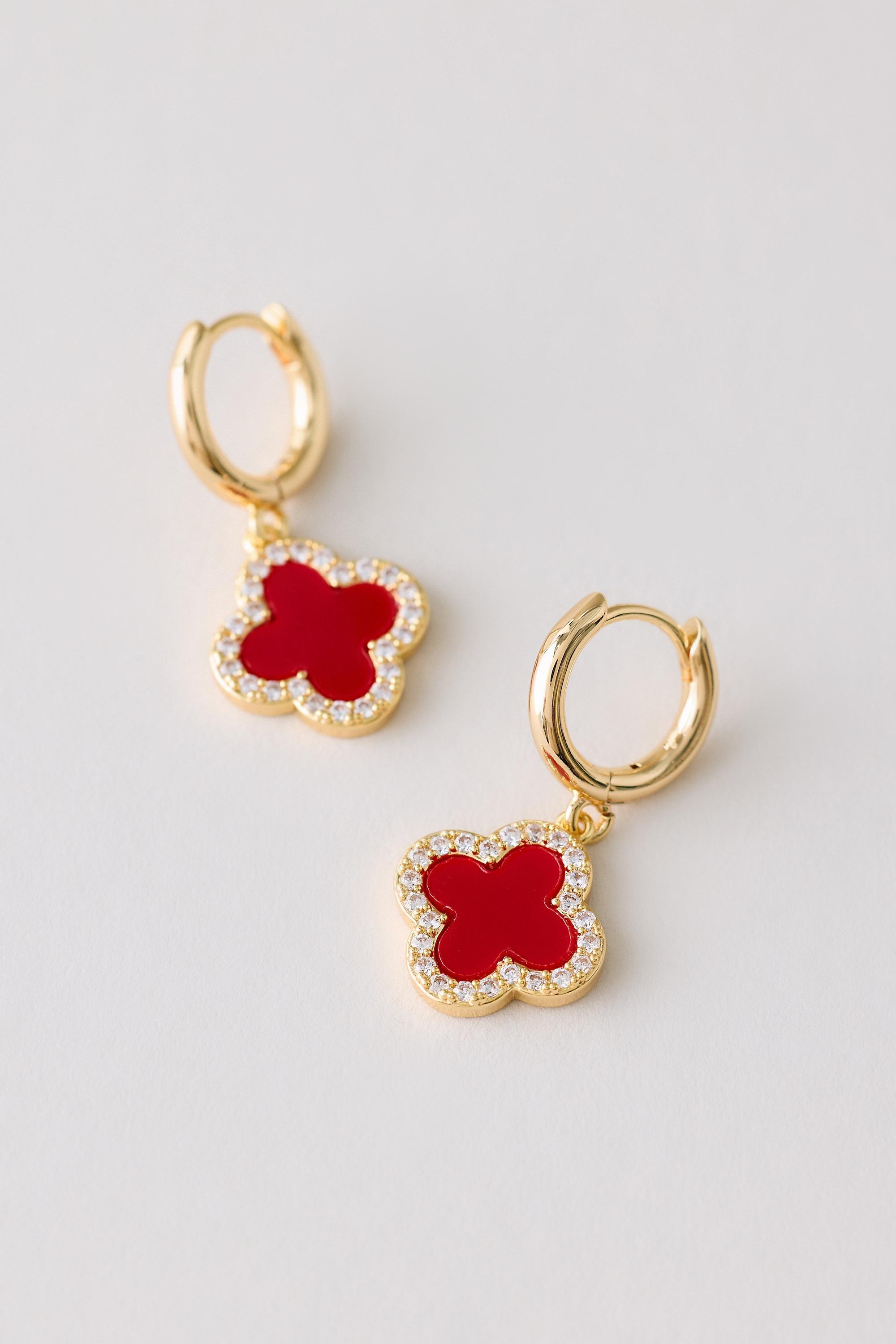 Gold-Plated Clover Huggie Hoop Earrings, Red, Red, large image number 0