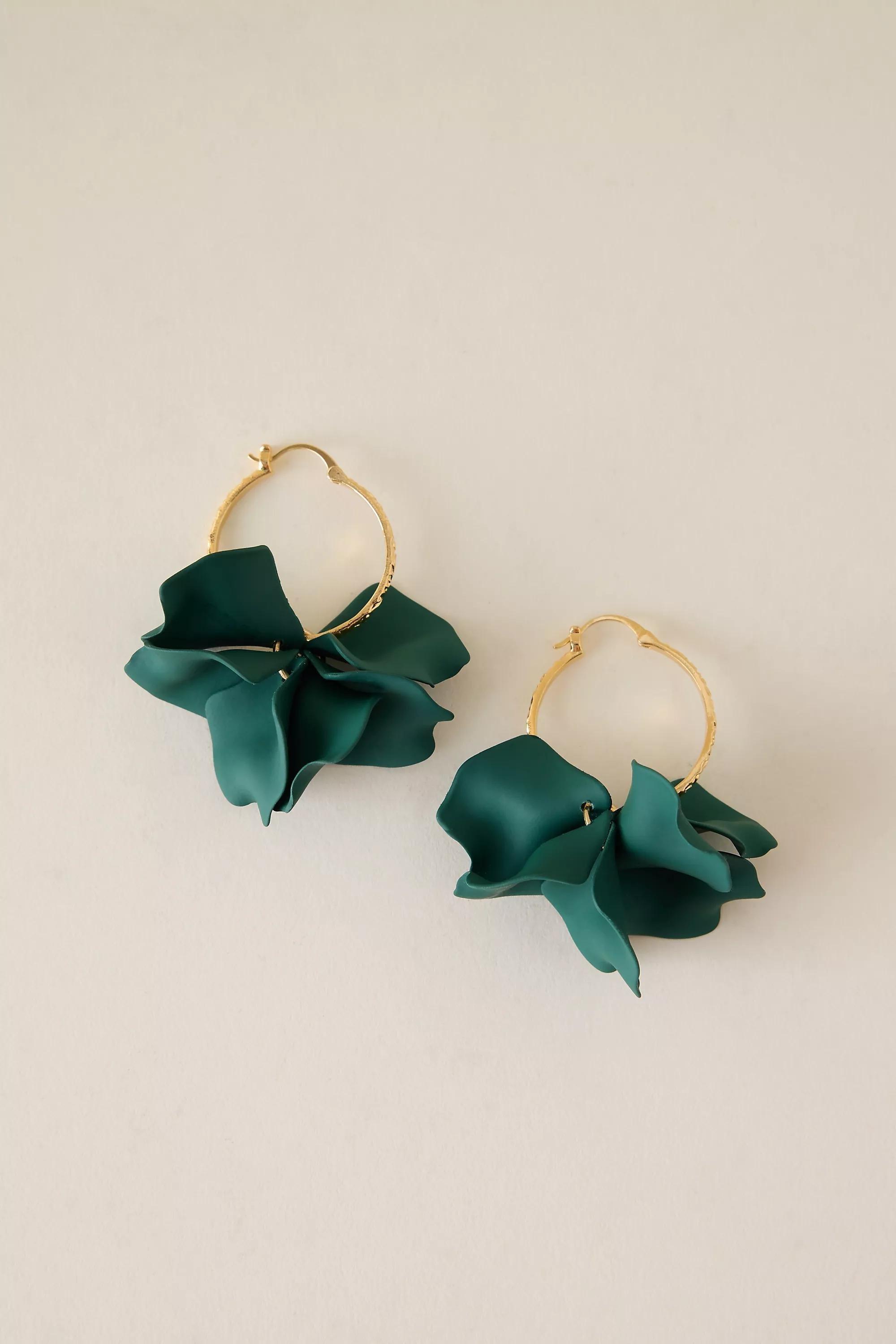 Gold-Plated Flower Hoop Earrings, Green, A501_0030, large image number 0