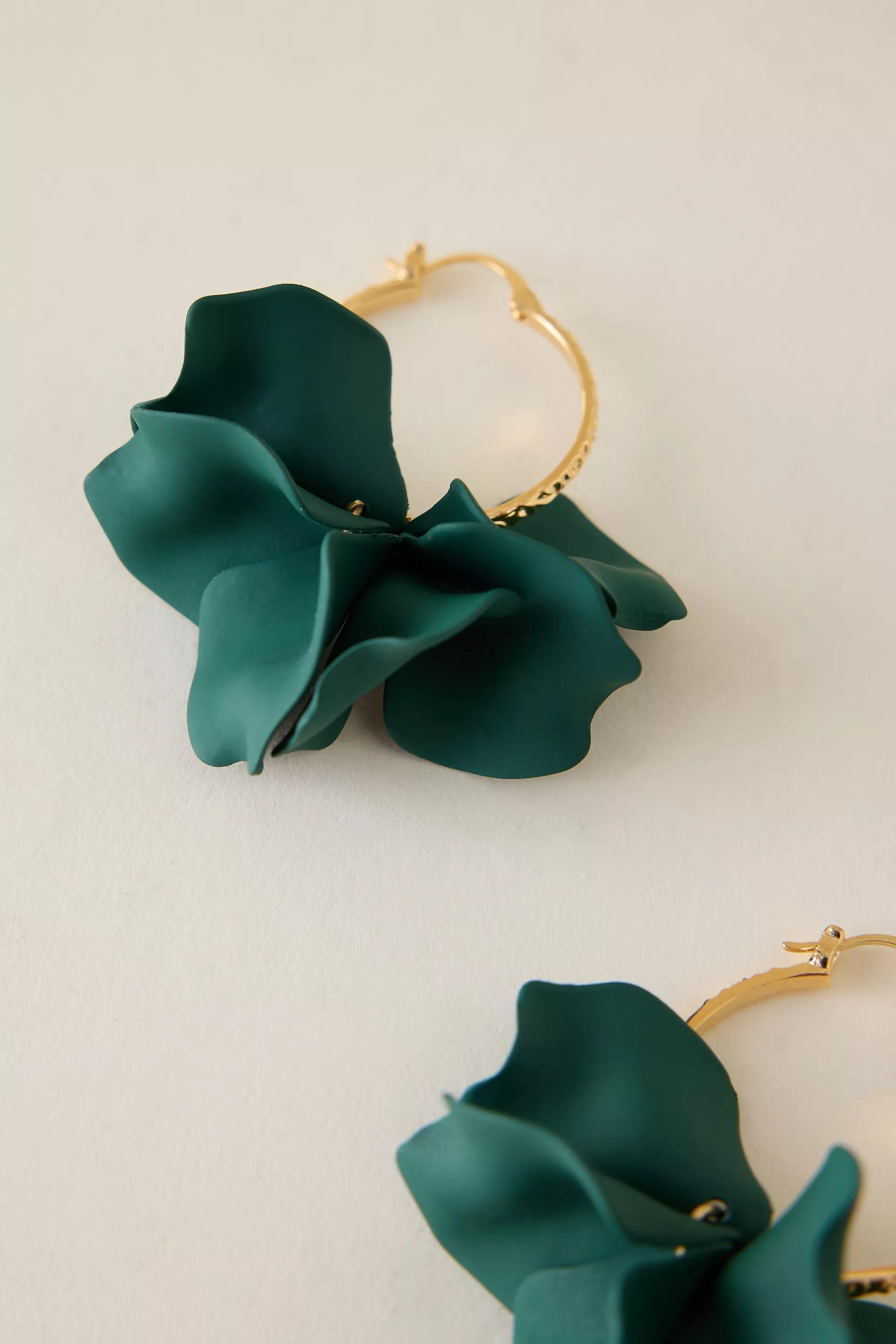 Gold-Plated Flower Hoop Earrings, Green, A501_0030, large image number 1