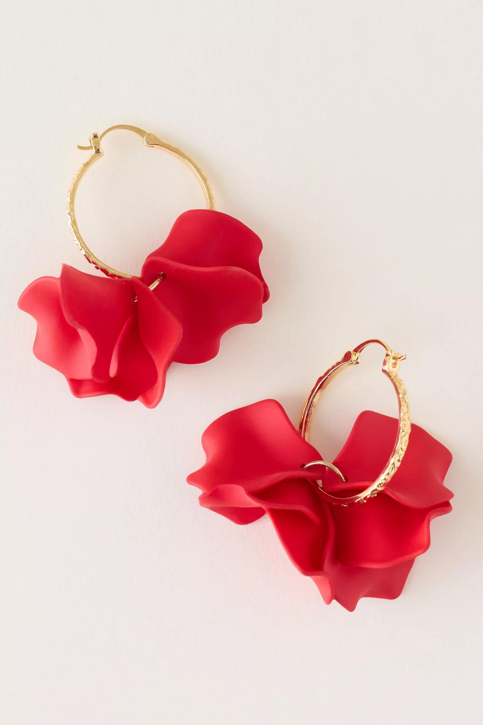 Gold-Plated Flower Hoop Earrings, Red, A501_0060, large image number 0