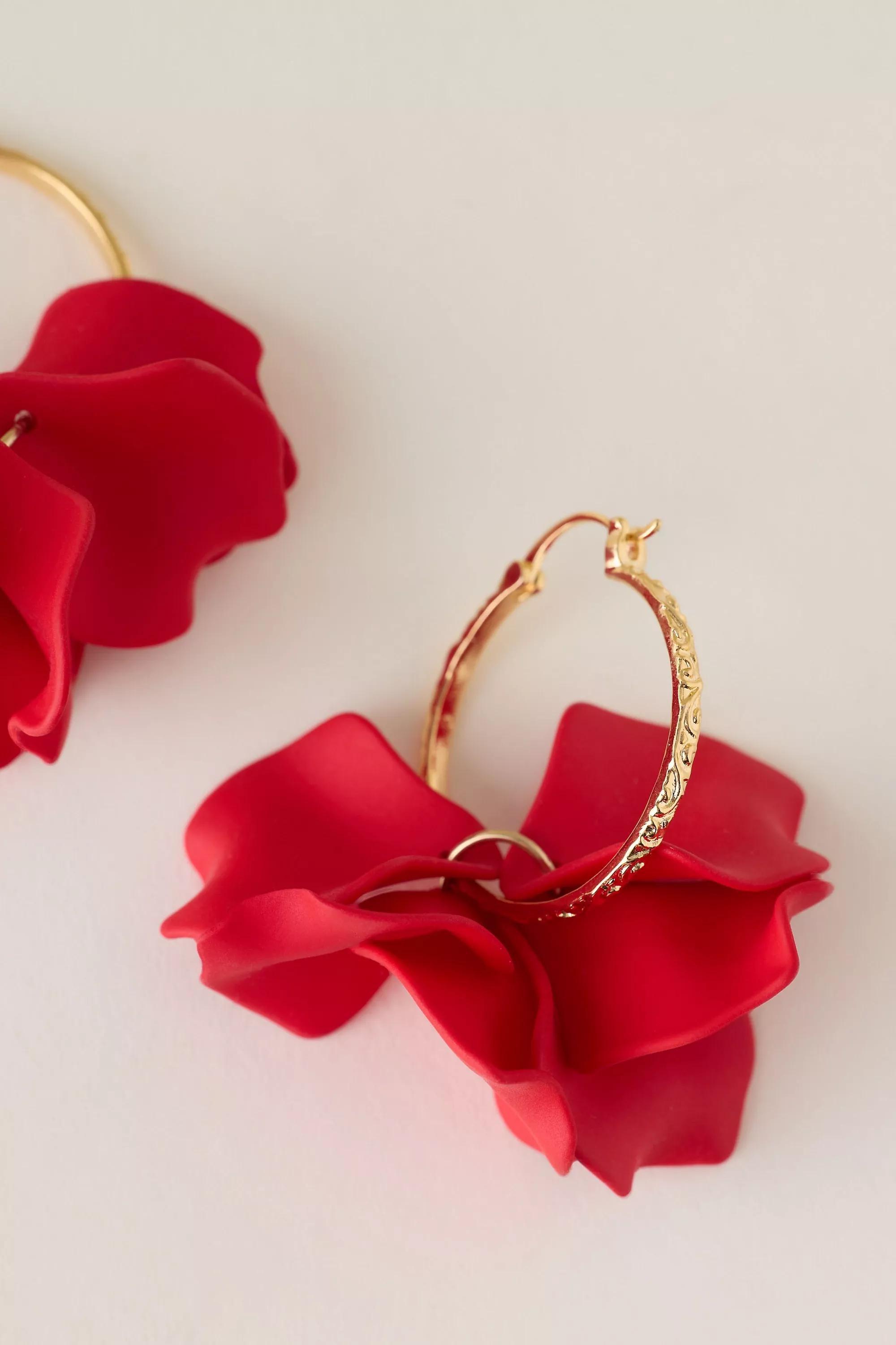 Gold-Plated Flower Hoop Earrings, Red, A501_0060, large image number 1
