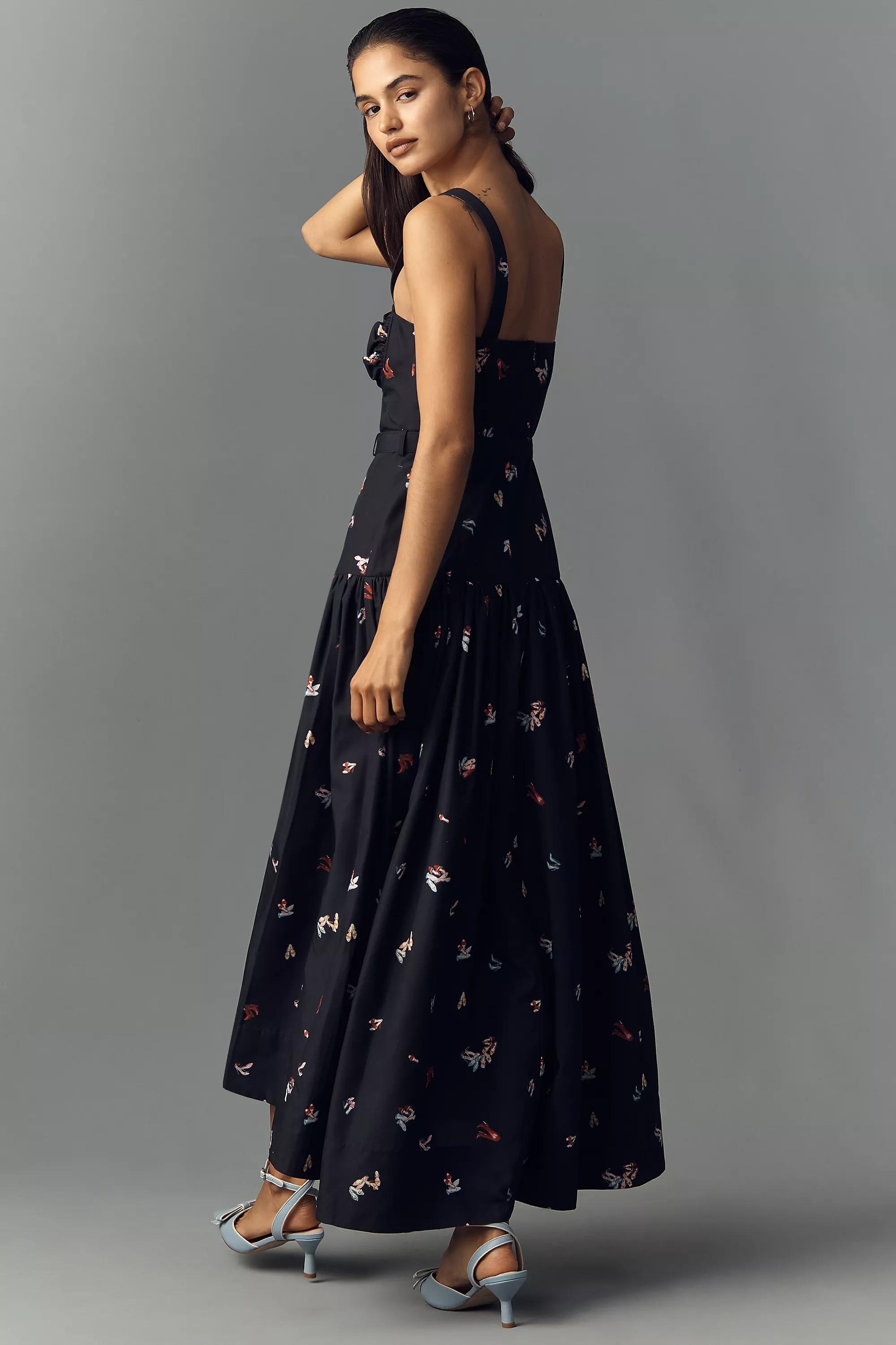 Belted Drop-Waist Midi Dress, Black, A501_0009, medium