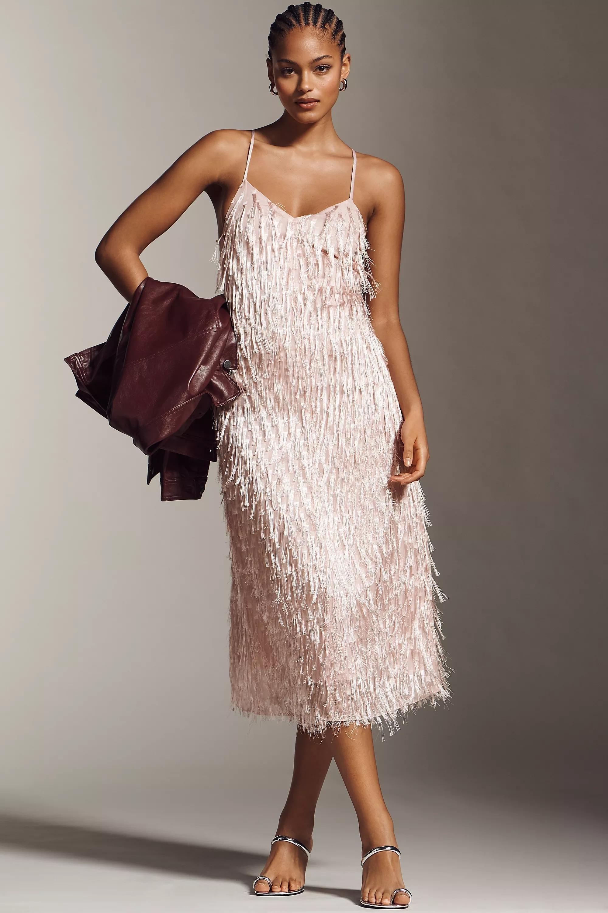 Faux Feather Fringe Midi Dress, Pink, A501_0066, large image number 3