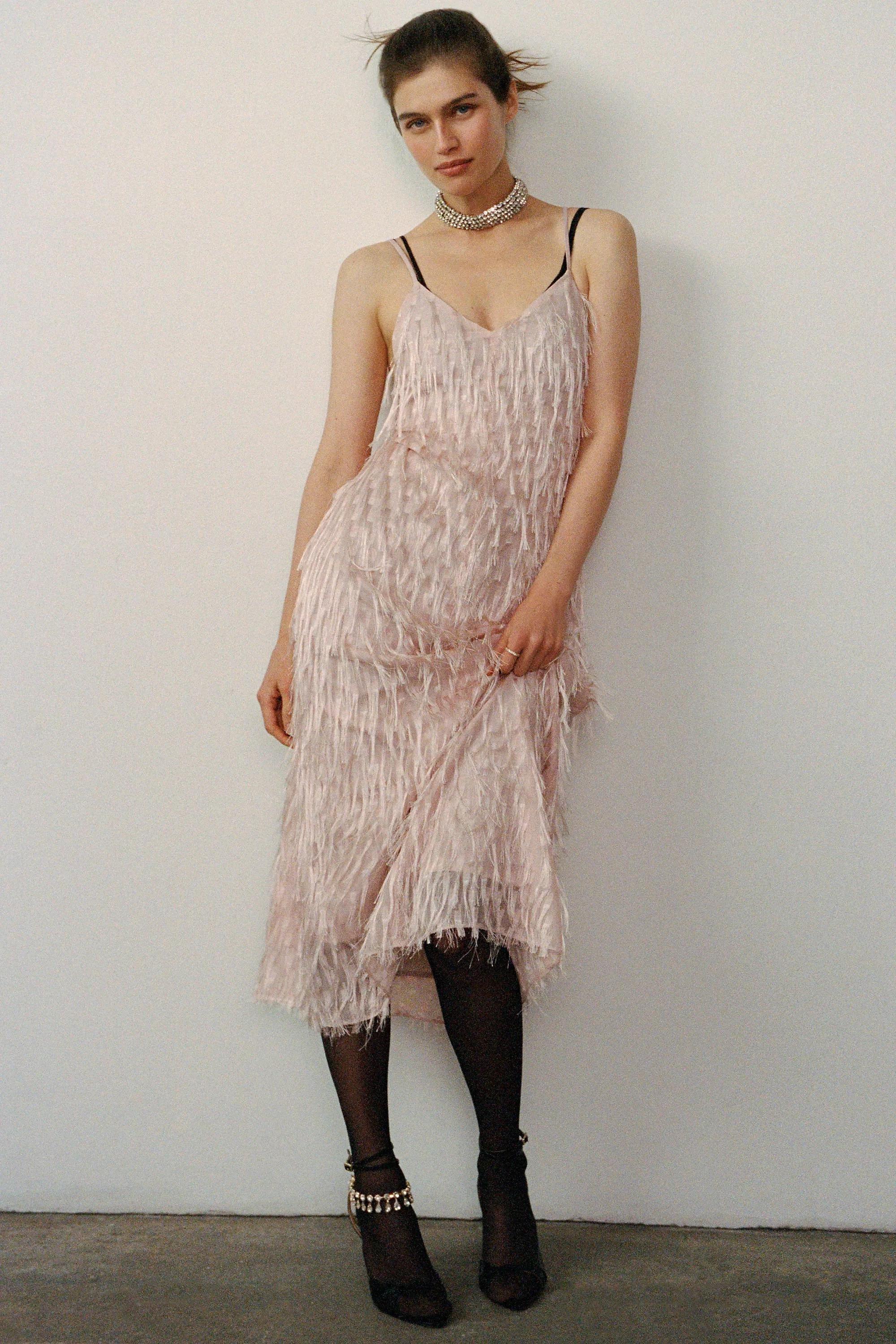 Faux Feather Fringe Midi Dress, Pink, A501_0066, large image number 6
