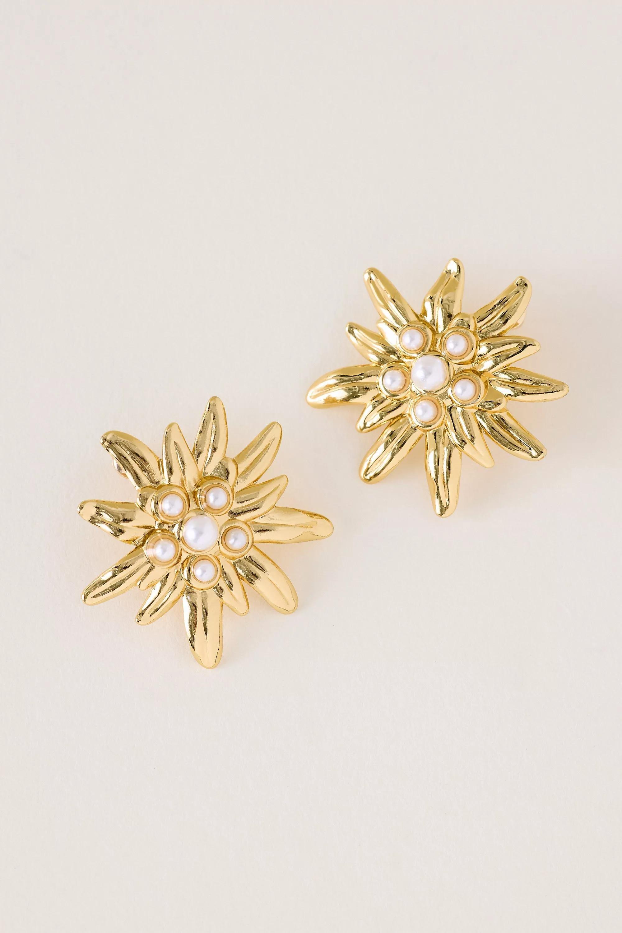 Gold-Plated Flower Pearl Decorated Earrings, A501_0070, medium