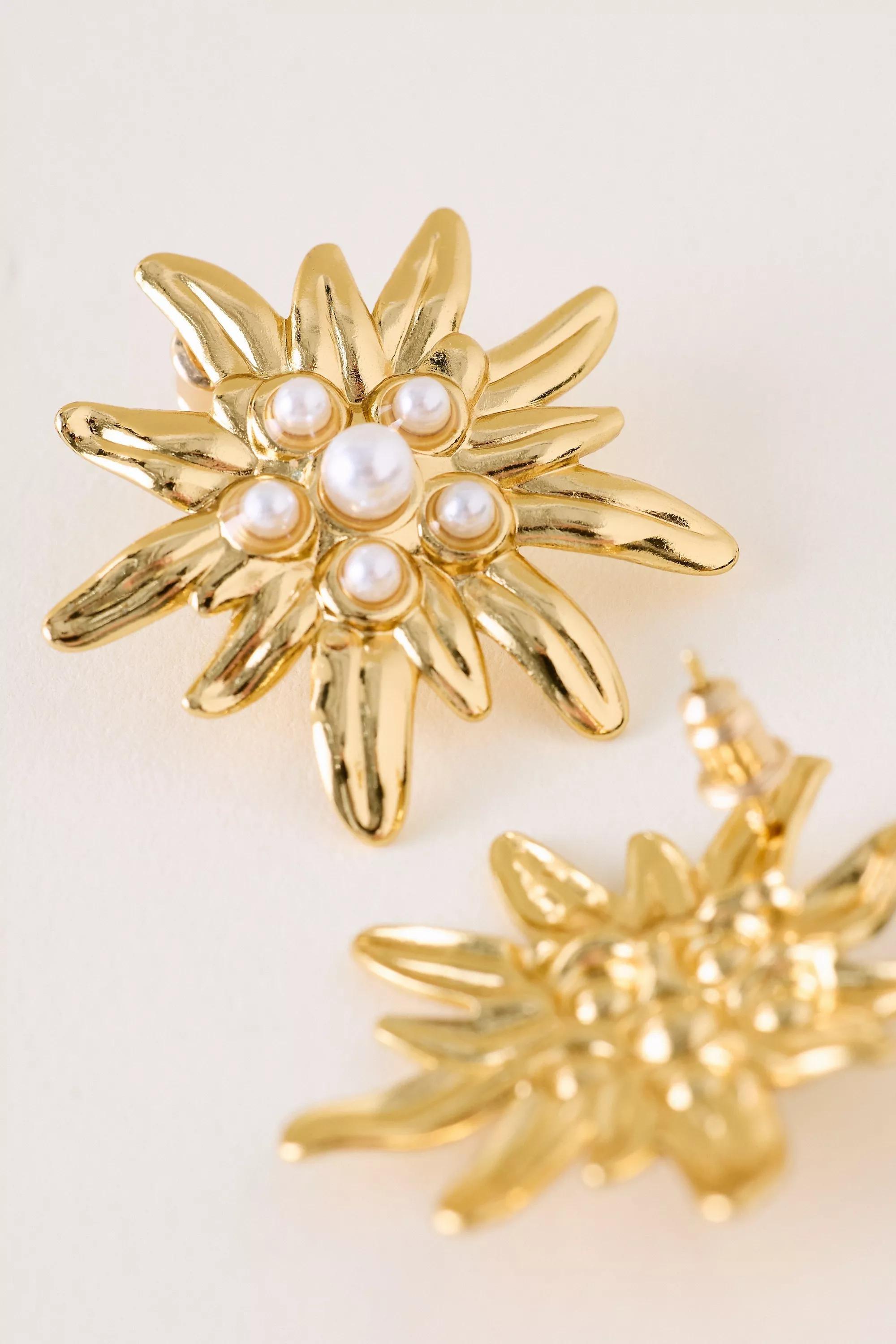 Gold-Plated Flower Pearl Decorated Earrings, A501_0070, medium