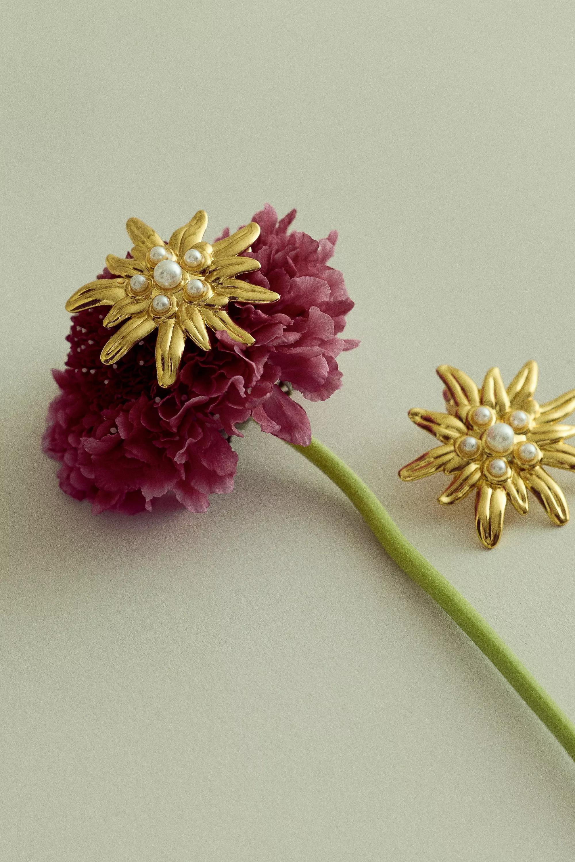 Gold-Plated Flower Pearl Decorated Earrings, A501_0070, large image number 4